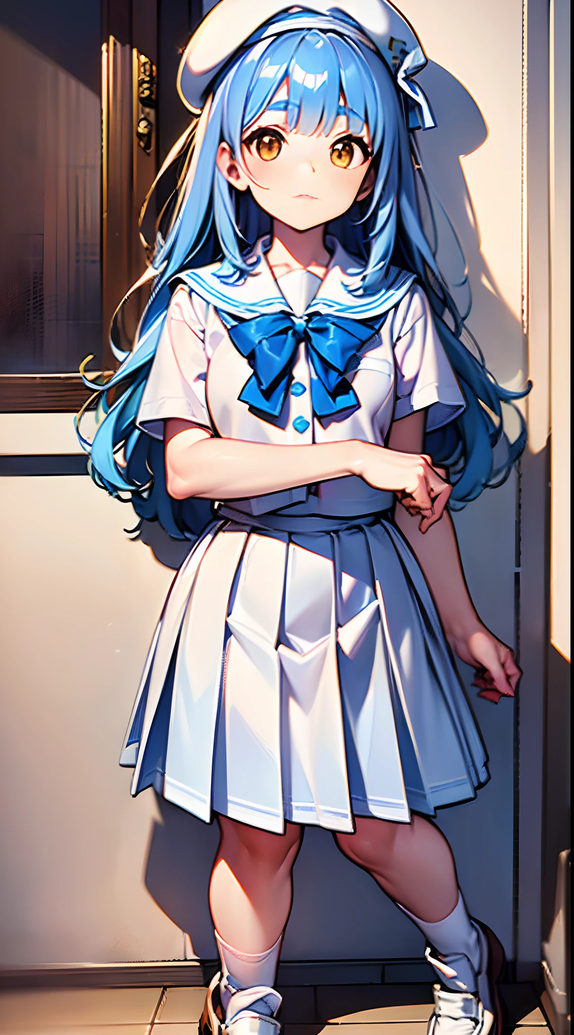 Best Quality,8K,Ultra-detailed,hight resolution,(Hair color light blue:1.4,Orange Eyes),(white theme:1.3), (fusion of white sundress and white school uniform:1.4), ((white pleated-skirt, white skirt):1.5), (white beret with light-blue ribbon:1.4), (white shirt with blue sailor collar:1.4), (short sleeve:1.2), (light-blue ribbon:1.3), (blue line on white skirt:1.2), ((white socks, loafers):1.2),lo-fi art,Natural lighting