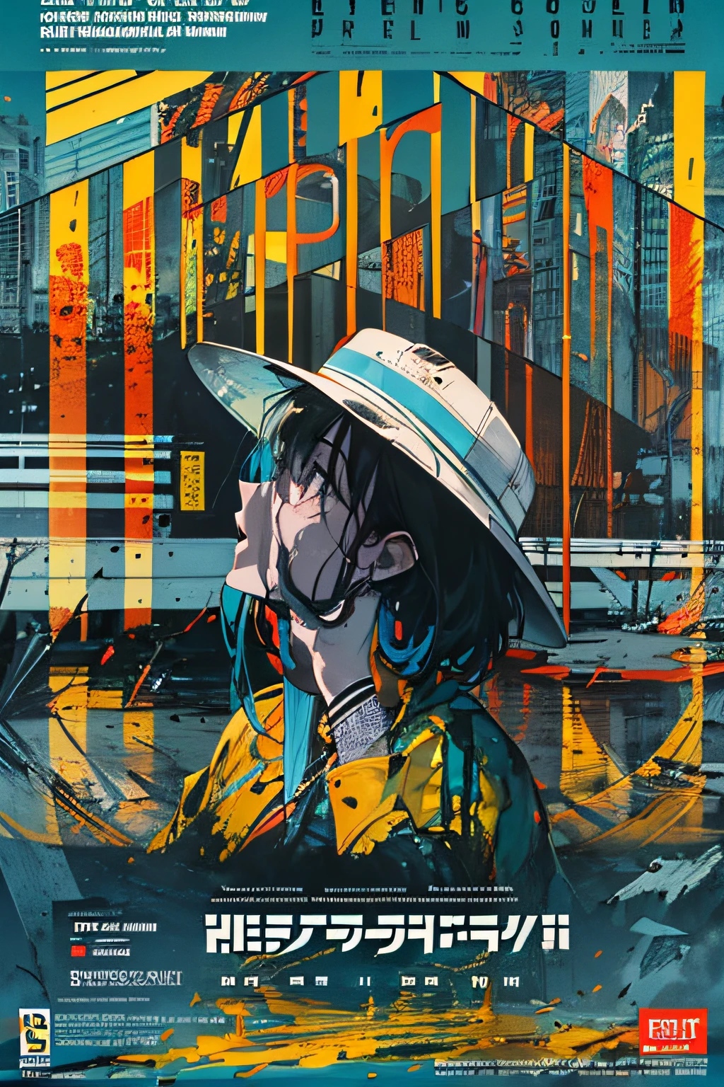 (((dramatic))), (((gritty))), (((intense)))), ocean, wet hunt, bus stop, The movie poster features \(Masterpiece, Best Quality), 8k Wallpaper, highly detailed, poster, vintage, 1960s, Bauhaus, cinematic movie poster, shapes, lines, abstract, propaganda, mid century modern, movie poster, The color palette is dominated by dark colors, dotted with bright colors, giving the poster a dynamic and visual impact, (magazine:1.3), (cover-style:1.3), fashionable, vibrant, outfit, posing, front, colorful, dynamic, background, element, confident, expressive, holding, statement, attachment, majestic, coiled, around, touch, scene, cover, bold, eye-catching, fashion, catchy, bigger, eye-catching, modern, trendy, focused, stylish, no text