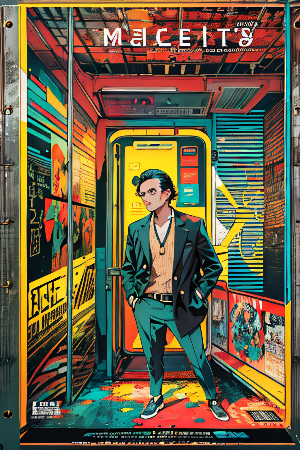 (((dramatic))), (((gritty))), (((intense)))), ocean, wet hunt,  bus stop, The movie poster features \(Masterpiece, Best Quality), 8k Wallpaper, highly detailed, poster, vintage, 1960s, Bauhaus, cinematic movie poster, shapes, lines, abstract, propaganda, mid century modern, movie poster, The color palette is dominated by dark colors, dotted with bright colors, giving the poster a dynamic and visual impact, (magazine:1.3), (cover-style:1.3), fashionable, vibrant, outfit, posing, front, colorful, dynamic, background, element, confident, expressive, holding, statement, attachment, majestic, coiled, around, touch, scene, cover, bold, eye-catching, fashion, catchy, bigger, eye-catching, modern, trendy, focused, stylish, no text