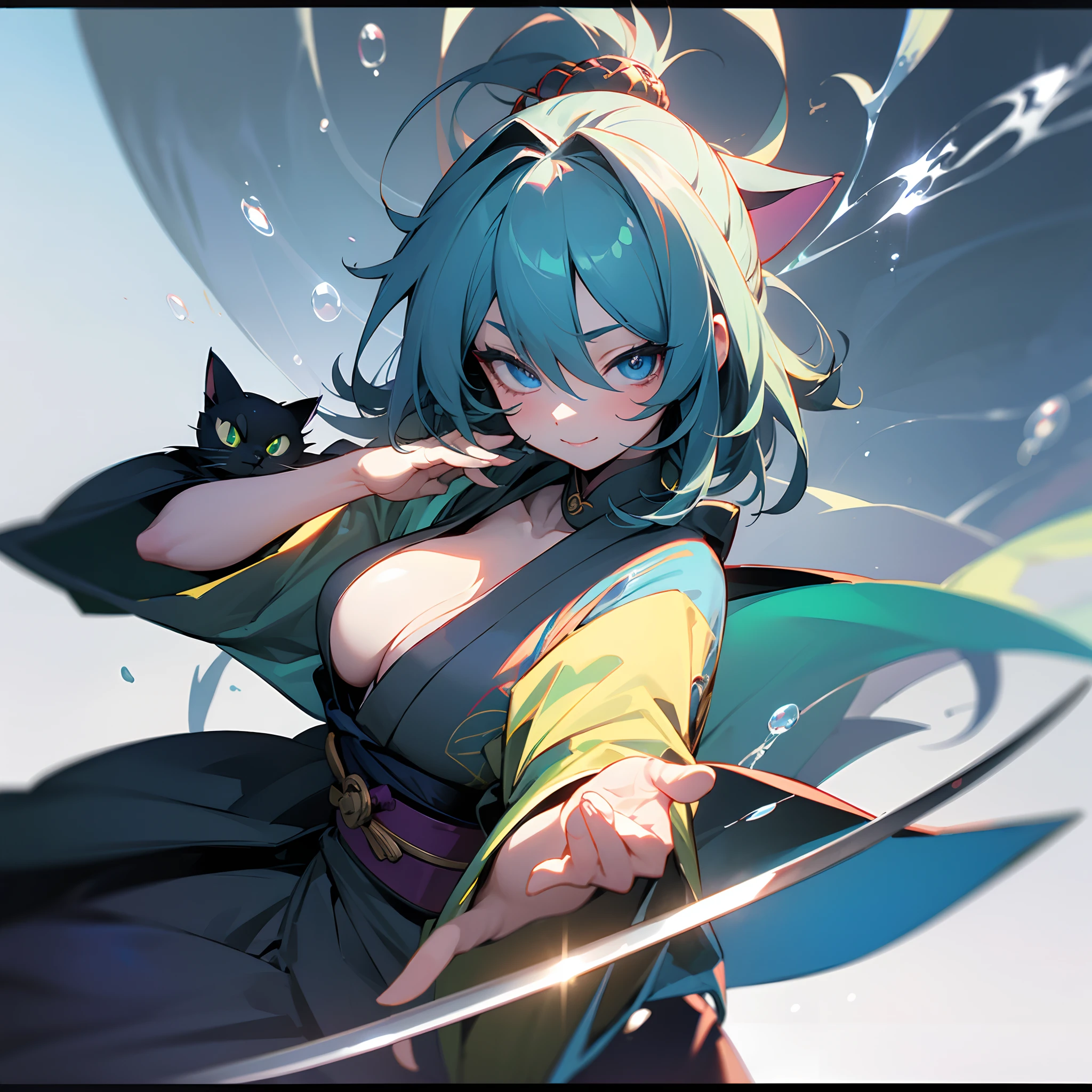 Dark Magician Girl、MKSKS style、独奏、(highly detailed back ground:1.0)、(highly detailed back ground:1.0)、masterpiece、top-quality、超A high resolution、8K、BREAK、(Perched:1.2)、(1/2 and 1 gray/2 Lime Green Hair)、Cat's ears、BREAK、Detailed clothing、Old-fashioned kimono、Detailed skin、glowy skin、A detailed eye、Blue eyes、looking in camera、Burning cheeks、Smile、Large breasts、BREAK、(Japanese Katana Sword:1.1、Attitude of Iai:1.3、soap bubbles:1.2)、natta、dynamic ungle