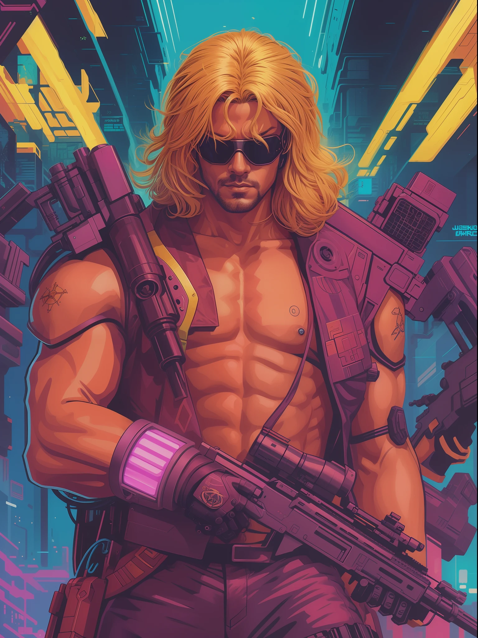 um homem com uma arma e um capacete segurando uma arma, musculoso! Cyberpunk, masterpiece epic retrowave art, Jen Bartel, cyber space cowboy, badass anime 8 k, estilo de arte Cyberpunk, cara Cyberpunk, Retrowave Epic Art, Epic retrowave art, cyberpunk hero, Marvel 8 0 S Estilo, arte da capa dos quadrinhos Cyberpunk, 8 0 s sci - arte em quadrinhos fi