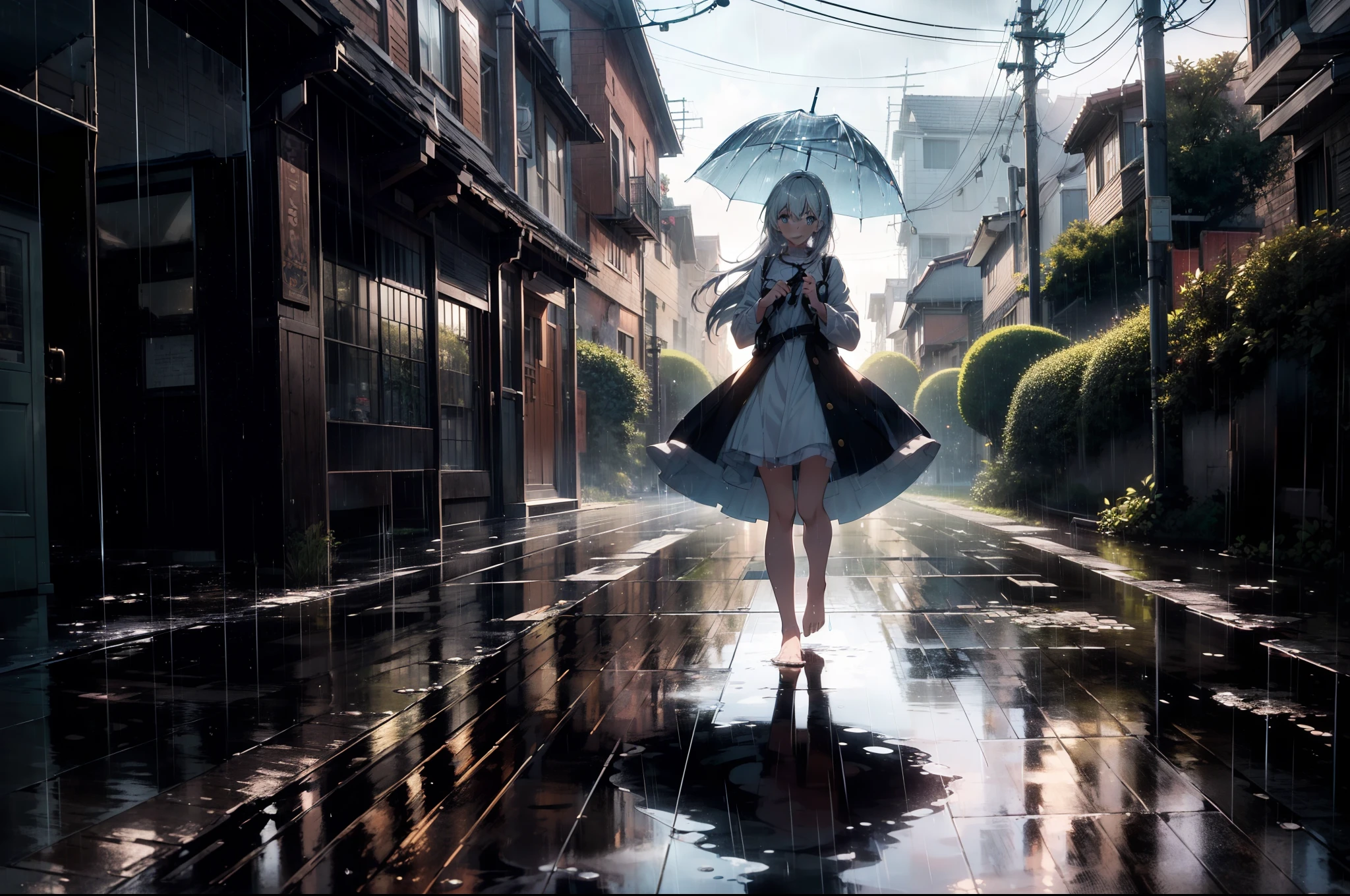 1 girl, character focus,cinematic angle, full-body , standing on puddle, ((looking up)), bare-foot, smile ,((rain)),cinematic lighting,high resolution,(incredibly absurdres), (hires.fix:1.3),anime visual,ultra detailed CG unity 8k wallpaper, ((masterpiece)), ((top-quality)), (beautiful illustration), ((an extremely delicate and beautiful))