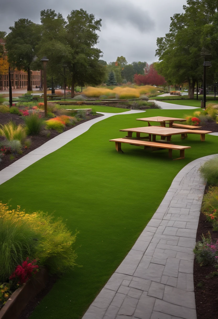 University lawn with landforms, rain garden, bioswales and tables and chairs for the students