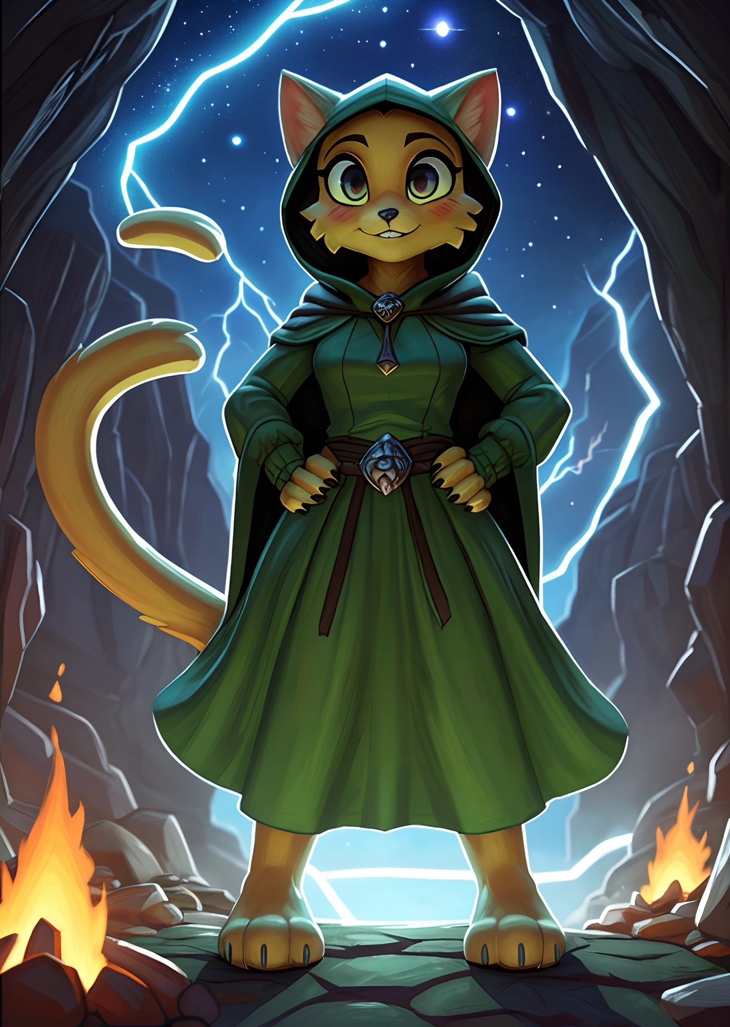 [katia managan], [Uploaded to e621.net; (Pixelsketcher), (wamudraws)], [(Uploaded to twitter.com); (@senip)], ((masterpiece)), ((HD)), ((solo portrait)), ((full body)), ((front view)), ((furry; anthro)), ((D&D)), ((detailed fur)), ((detailed shading)), ((beautiful render art)), {anthro; yellow fur, black nose, (long yellow cat tail), (cute dark brown surprised eyes), (blushing), (cute smug grin), (white teeth)}, {(green long sleeve cloak), (green tunic), (hood), (long dress), (beautiful feet), (black claws)}, {(standing), (hand on hip), (holding lightning), (looking at viewer)}, [background; (cave), (starry sky), (campfire), (ambient lighting)]