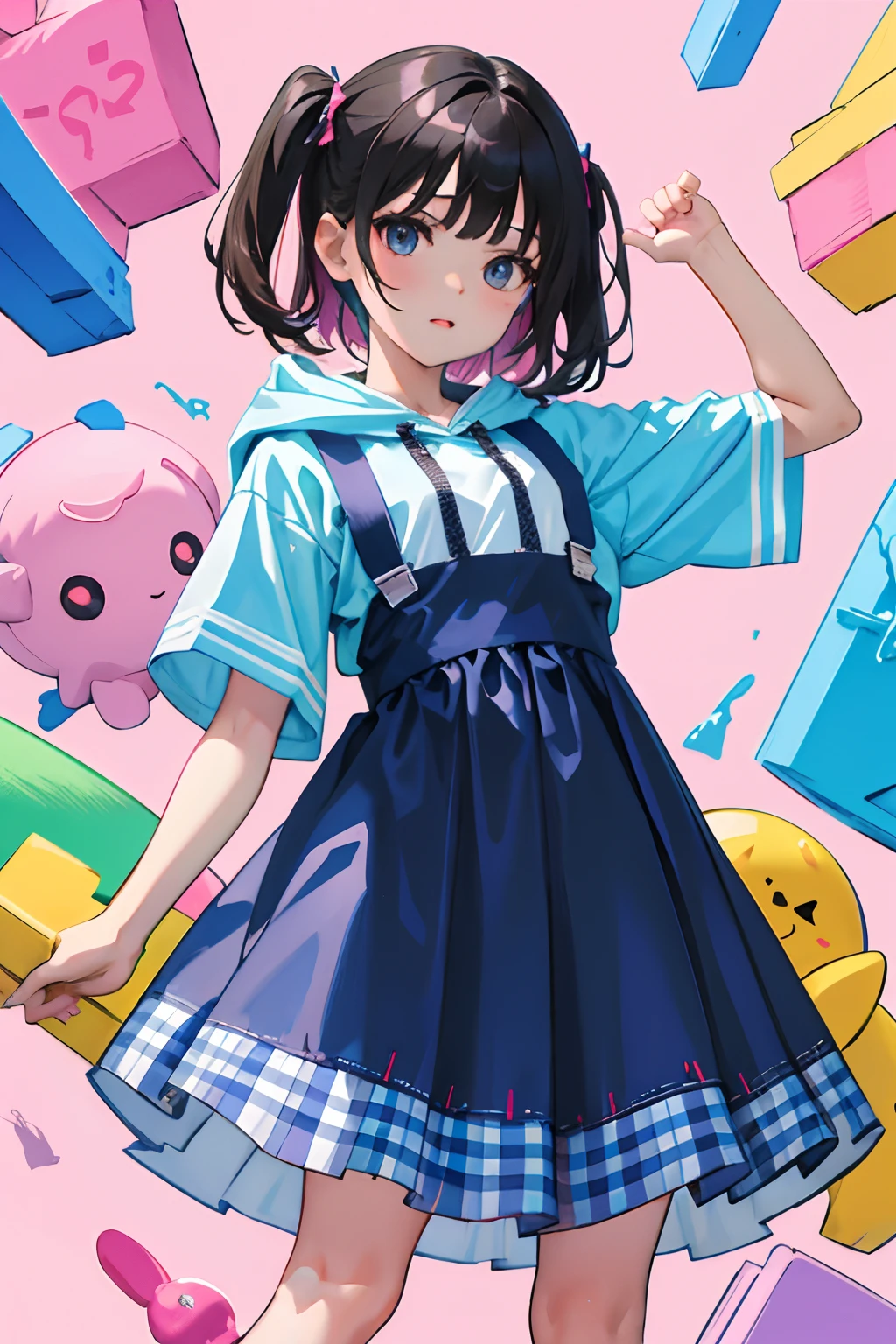 (child),(masterpiece,Highest Quality),Pastel hoodies with short sleeves,(gingham checked skirt),A dark-haired,World of toys