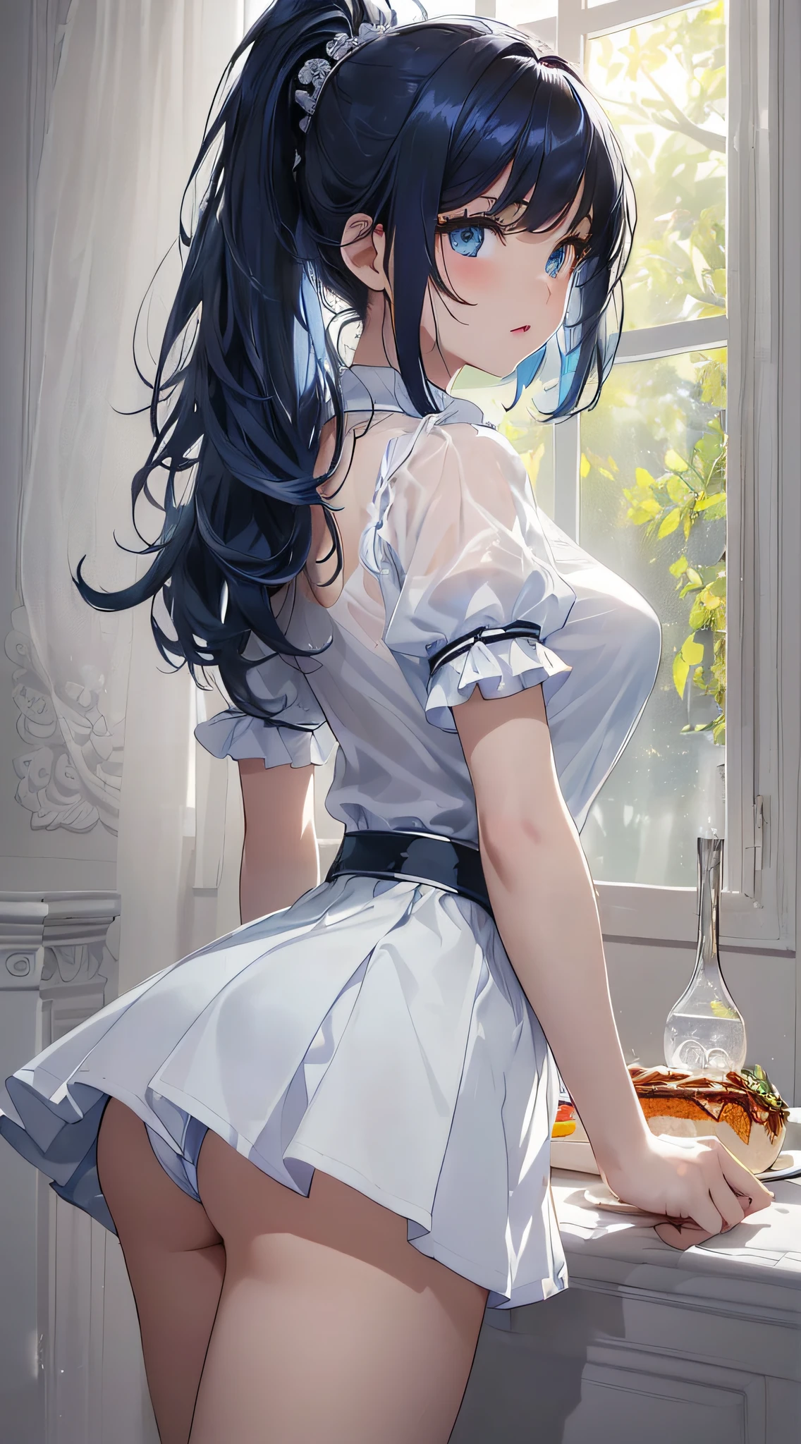 top-quality、Top image quality、masterpiece、girl with((cute little、18year old、Best Bust、Medium bust、Bust 85,Beautiful blue eyes、Breasts wide open,Ponytail with black hair、A slender、Blue hair mesh、Beautiful white shirt、White short skirt、Laugh、posterior view、lean against the wall、low angles,In the middle of the meal))hiquality、Beautiful Art、Background with((Large White Room、White lighting,White curtains are fluttering)),masutepiece、Elaborate design、visualart、depth of fields、The best lighting、highestdetailed、8k