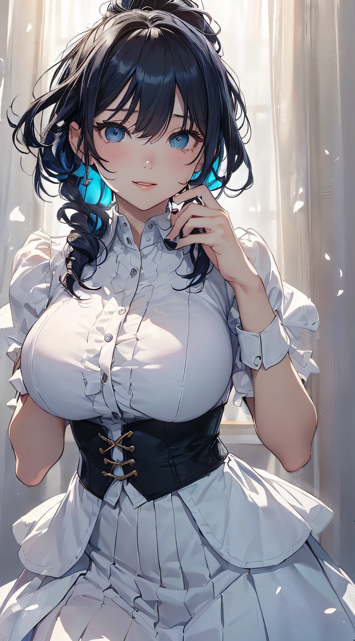 top-quality、Top image quality、masterpiece、girl with((cute little、18year old、Best Bust、Medium bust、Bust 85,Beautiful blue eyes、Breasts wide open,Ponytail with black hair、A slender、Blue hair mesh、robe blanche、White short skirt、tee))hiquality、Beautiful Art、Background with((Large White Room、White lighting)),masutepiece、Elaborate design、visualart、depth of fields、The best lighting、highestdetailed、8k