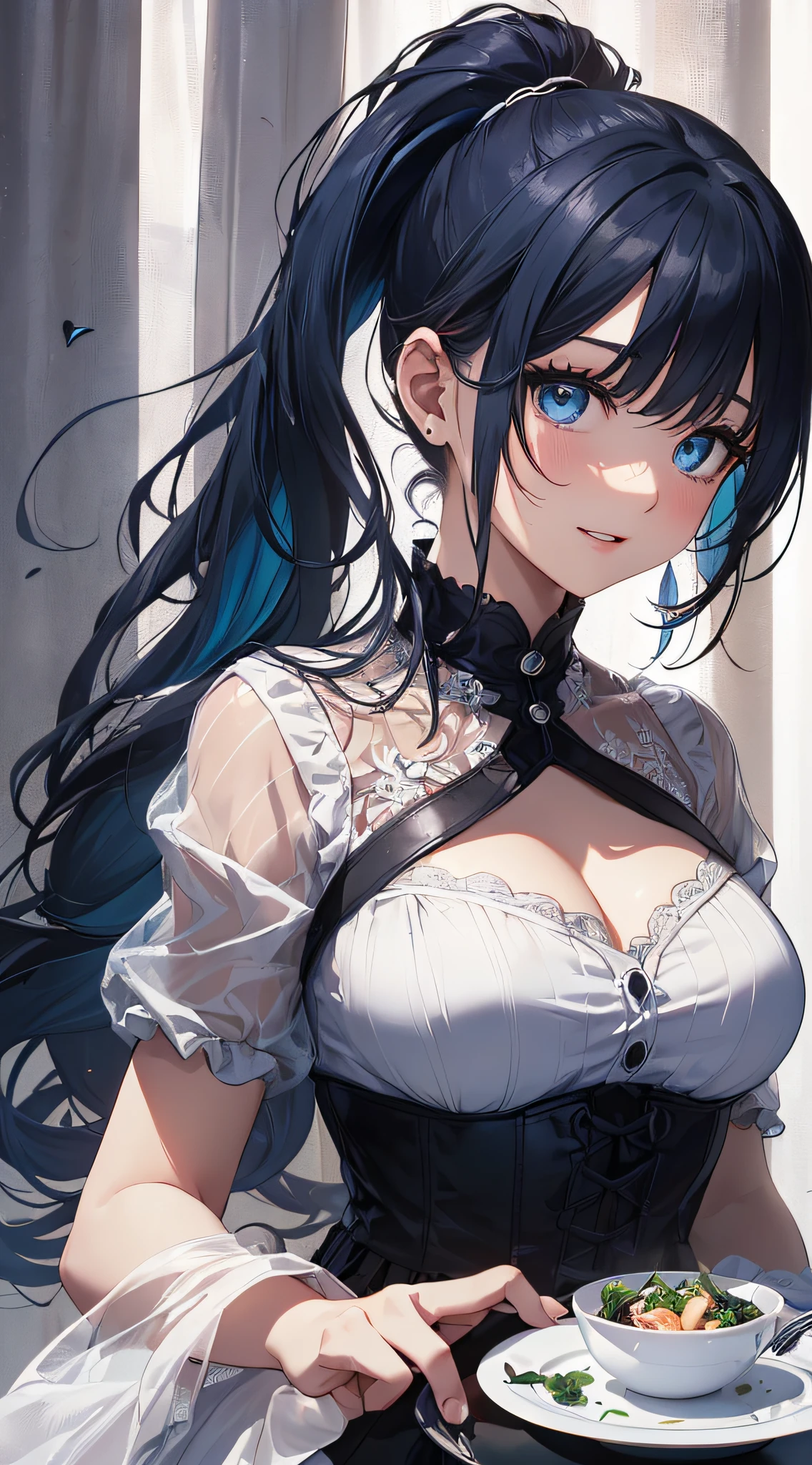 top-quality、Top image quality、masterpiece、girl with((cute little、18year old、Best Bust、Medium bust、Bust 85,Beautiful blue eyes、Breasts wide open,Ponytail with black hair、A slender、Blue hair mesh、Beautiful white shirt、White short skirt、Laugh、posterior view、lean against the wall、low angles,In the middle of the meal))hiquality、Beautiful Art、Background with((Large White Room、White lighting,White curtains are fluttering)),masutepiece、Elaborate design、visualart、depth of fields、The best lighting、highestdetailed、8k