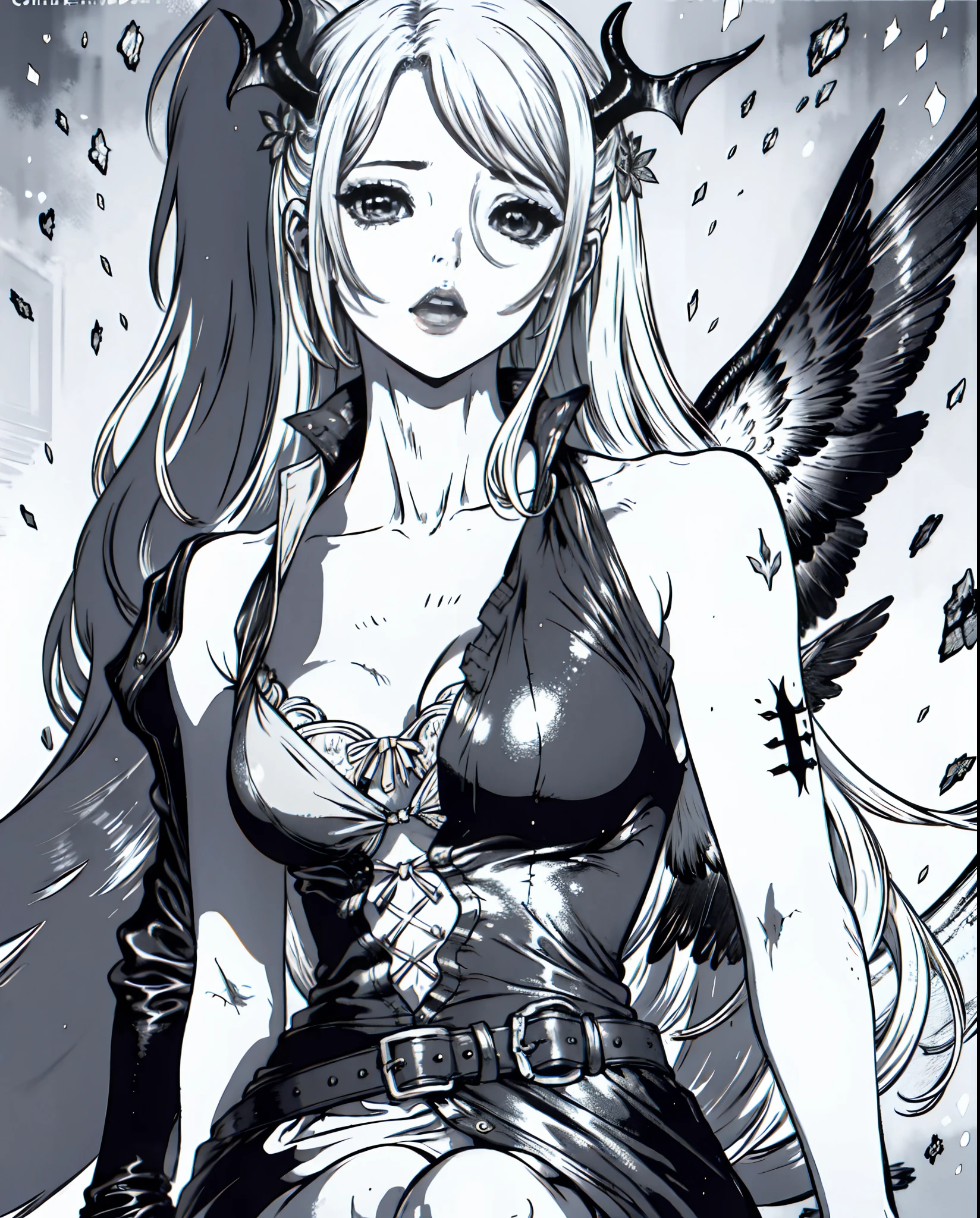 masterpiece, best quality, intricate, detailed, sharp, focused, 1girl as succubus, greyscale, monochrome, in boichi manga style