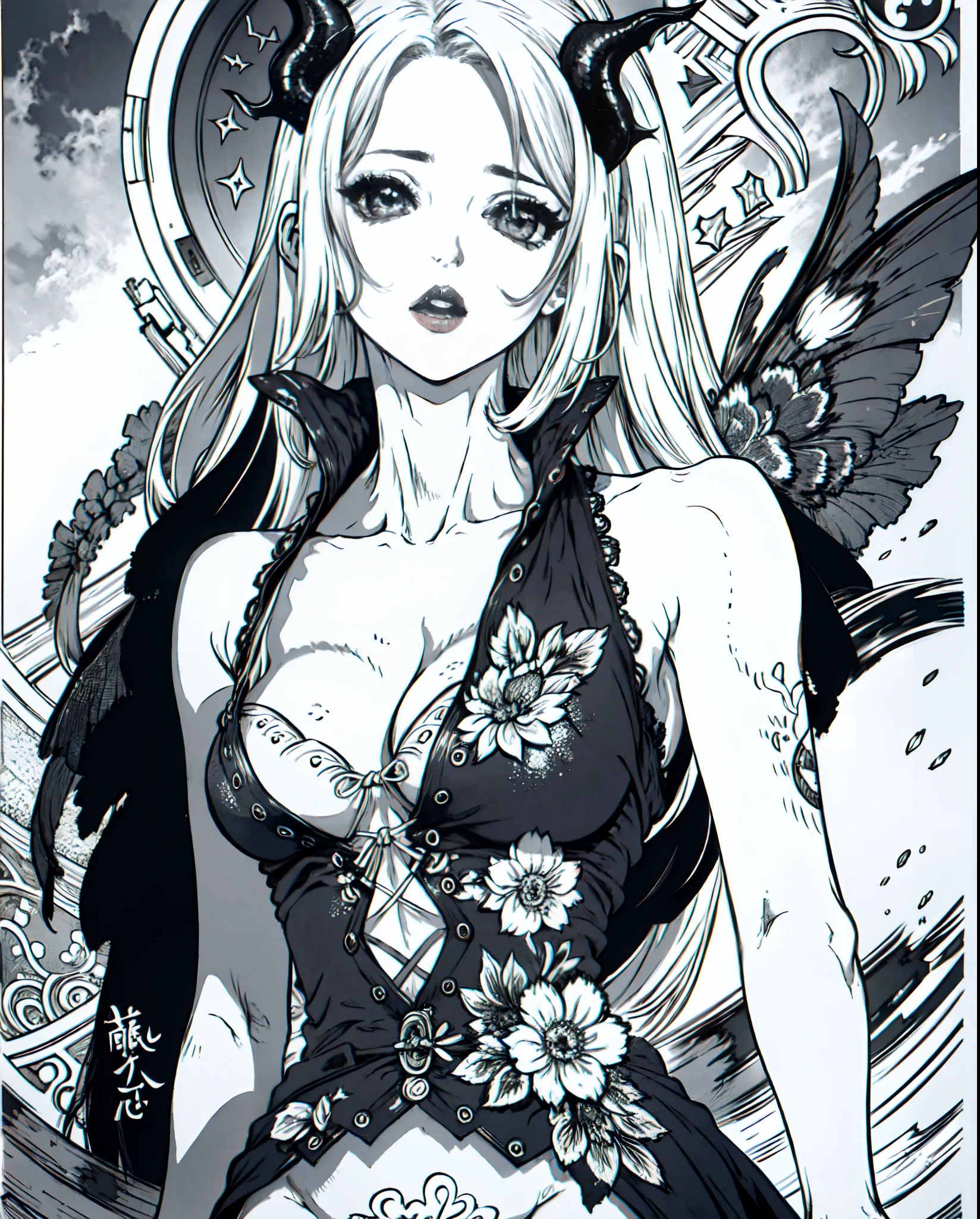 masterpiece, best quality, intricate, detailed, sharp, focused, 1girl as succubus, greyscale, monochrome, in boichi manga style