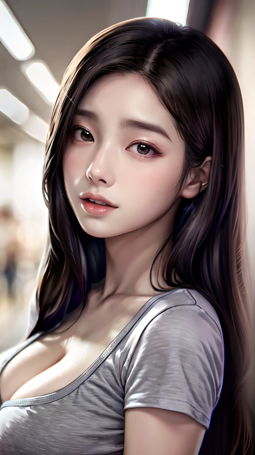 a close up of a woman with long hair wearing a gray shirt, 19-year-old girl, korean girl, gorgeous young korean woman, xintong chen, young cute wan asian face, 18 years old, beautiful south korean woman, chinese girl, 1 6 years old, 1 8 yo, beautiful young korean woman, ulzzang, wenfei ye, super big breast, (W cup),nipple looked,body wet