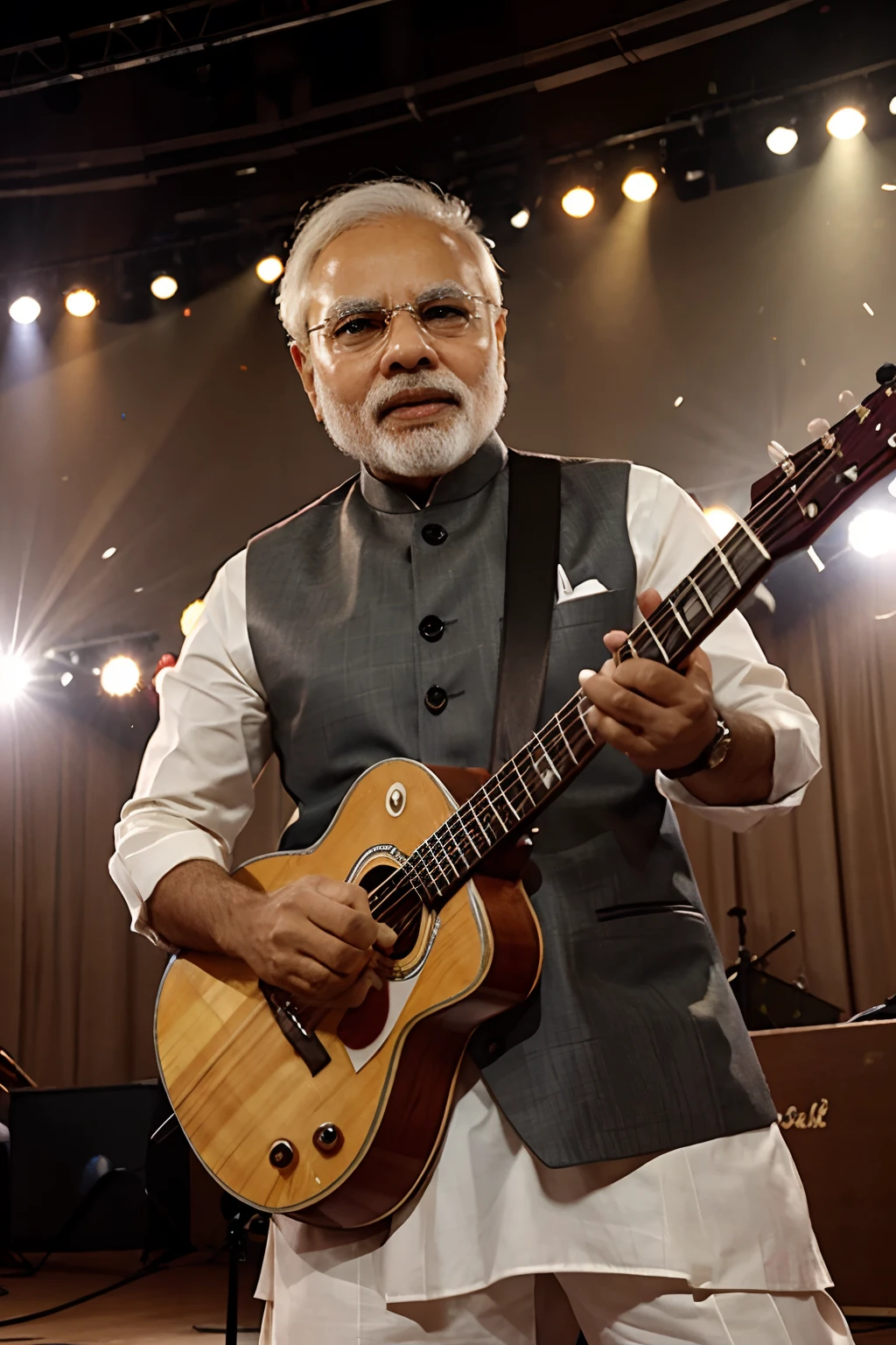 narendra modi with a acostic guitar,stage proformance ,on stage ,croud,peopls,mick