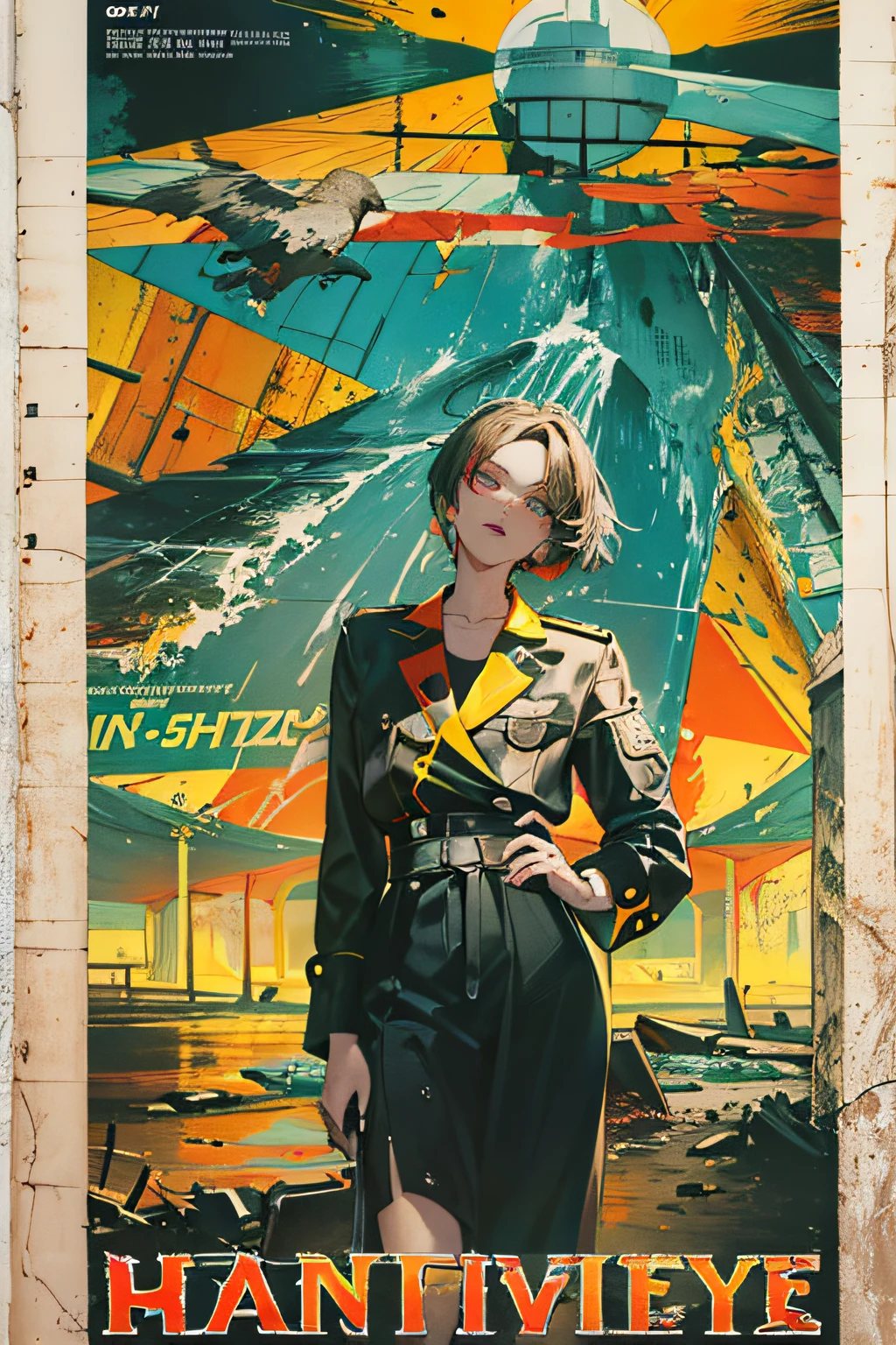 (((dramatic))), (((gritty))), (((intense)))), ocean, wet hunt, bomb, The movie poster features \(Masterpiece, Best Quality), 8k Wallpaper, highly detailed, poster, vintage, 1960s, Bauhaus, cinematic movie poster, shapes, lines, abstract, propaganda, mid century modern, movie poster, The color palette is dominated by dark colors, dotted with bright colors, giving the poster a dynamic and visual impact, (magazine:1.3), (cover-style:1.3), fashionable, vibrant, outfit, posing, front, colorful, dynamic, background, element, confident, expressive, holding, statement, attachment, majestic, coiled, around, touch, scene, cover, eye-catching, fashion, catchy, bigger, eye-catching, modern, trendy, focused, stylish, no text