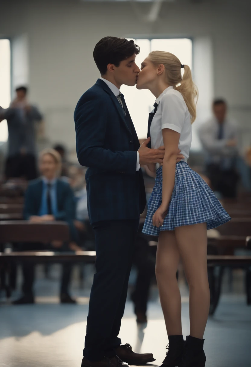 (masterpiece),(beautiful blonde girl in School Girl's Uniform with blue checked miniskirt:1.2),(handsome dark-haired boy in long pants:1.3),(hetero couple kissing, hugging:1.3),open mouths,(tongue_out:1.3),licking tongues,perfect anatomy,centered,highly detailed,smooth,sharp focus,full of color,dynamic,