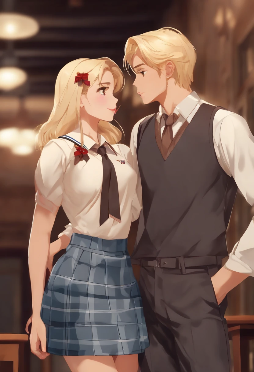 (masterpiece),(beautiful blonde girl in School Girl's Uniform with blue checked miniskirt:1.2),(handsome dark-haired boy in long pants:1.3),(hetero couple kissing, hugging:1.3),open mouths,(tongue_out:1.3),licking tongues,perfect anatomy,centered,highly detailed,smooth,sharp focus,full of color,dynamic,