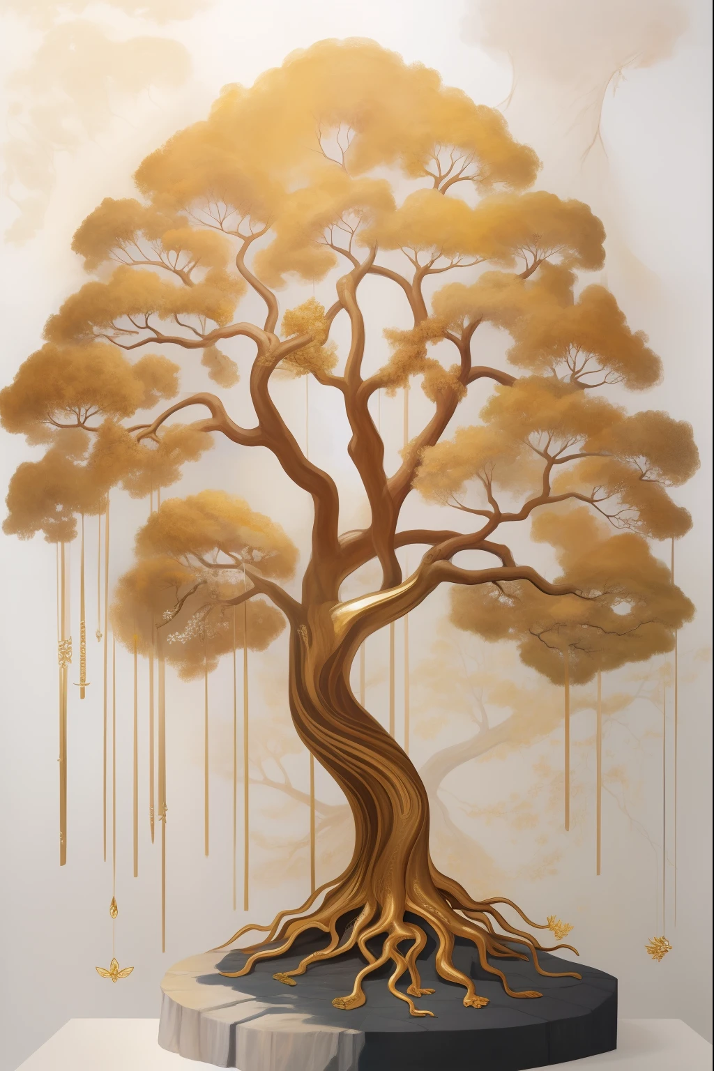 a painting of a tree with gold leaves on it, golden sacred tree, pintura em folha de ouro, toque de folha de ouro, arte da folha de ouro, obras de arte impressionantes, rich tree, pintura bonita de um alto, dourado com ouro, toques de folha de ouro, Por Rainer Hosch, breathtaking masterpiece of art, Tree of Life, beautiful artwork, the tree of life, Artista coreano