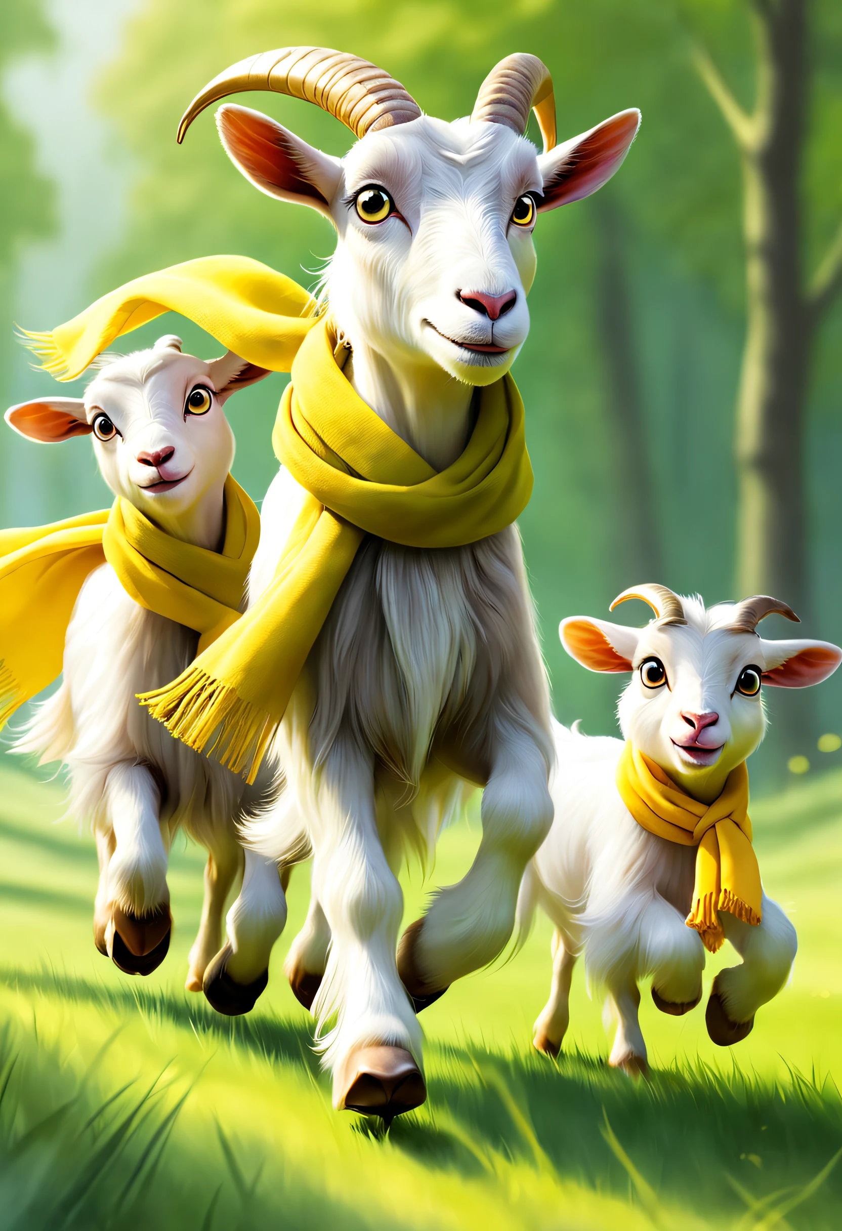 (Disney Pixar Style: 1.1), full-length photo, a painting of a male goat, a female goat and a baby goat, with white fur, Narayana Prabakala, Running in a green field, against the backdrop of a forest, and a brook (the male goat has a yellow scarf, the male goat and the female goat are the same height and the goat son is a little shorter: 1.15), on a summer afternoon