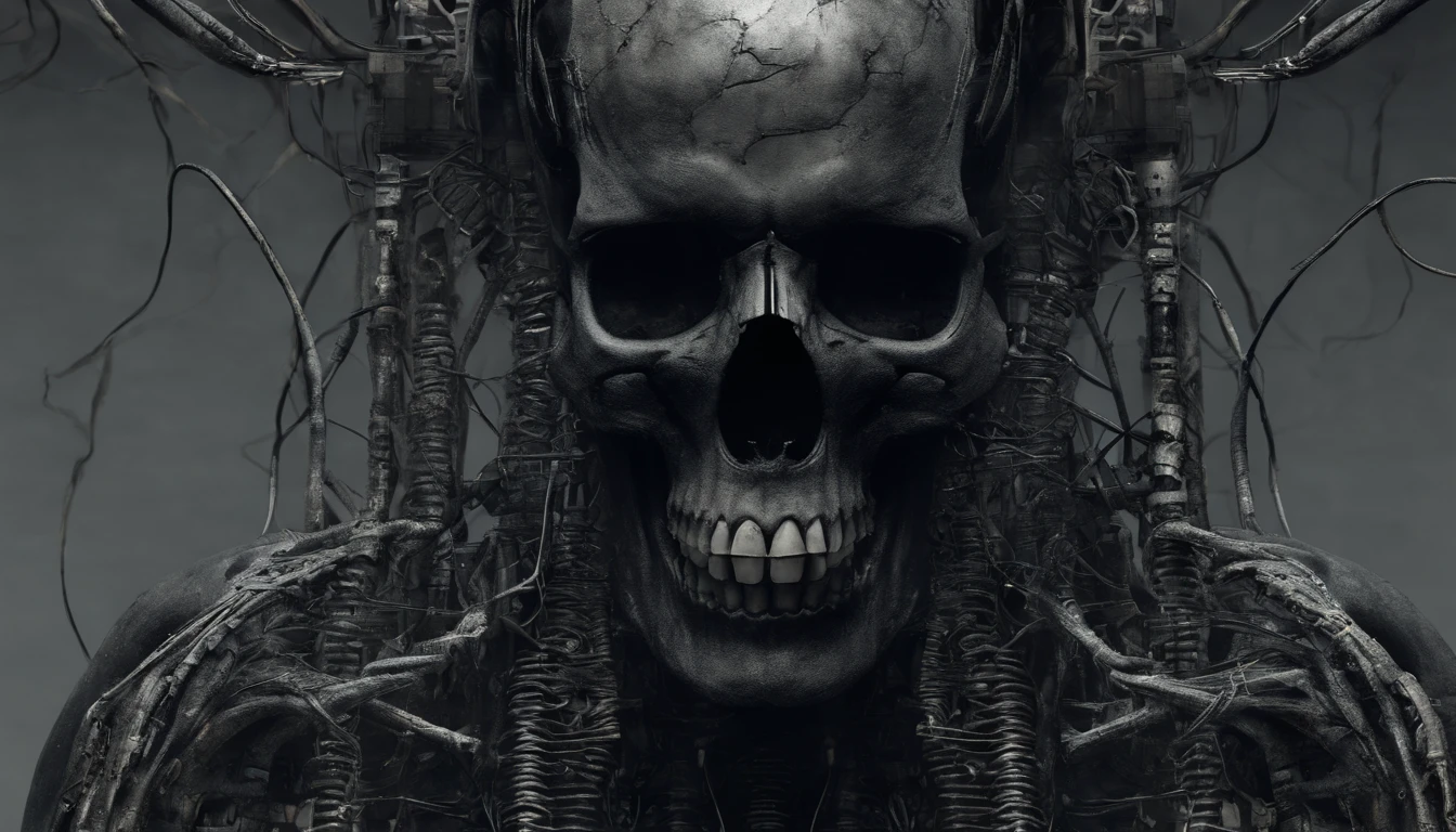 (best quality,4k,8k,highres,masterpiece:1.2),ultra-detailed,(realistic,photorealistic,photo-realistic:1.37),horror fractal,biomechanical skulls,mechanical oil and blood mixture,pistons,muscles of an endless machine,uncanny lighting,macabre atmosphere,colorful neon lights,ominous shadows.