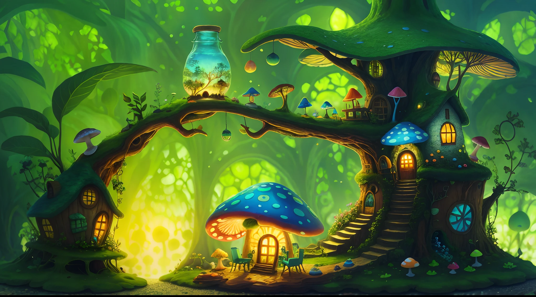 World in a bottle，A fairyland-like hideaway，Colorful mushroom house，a fairy world