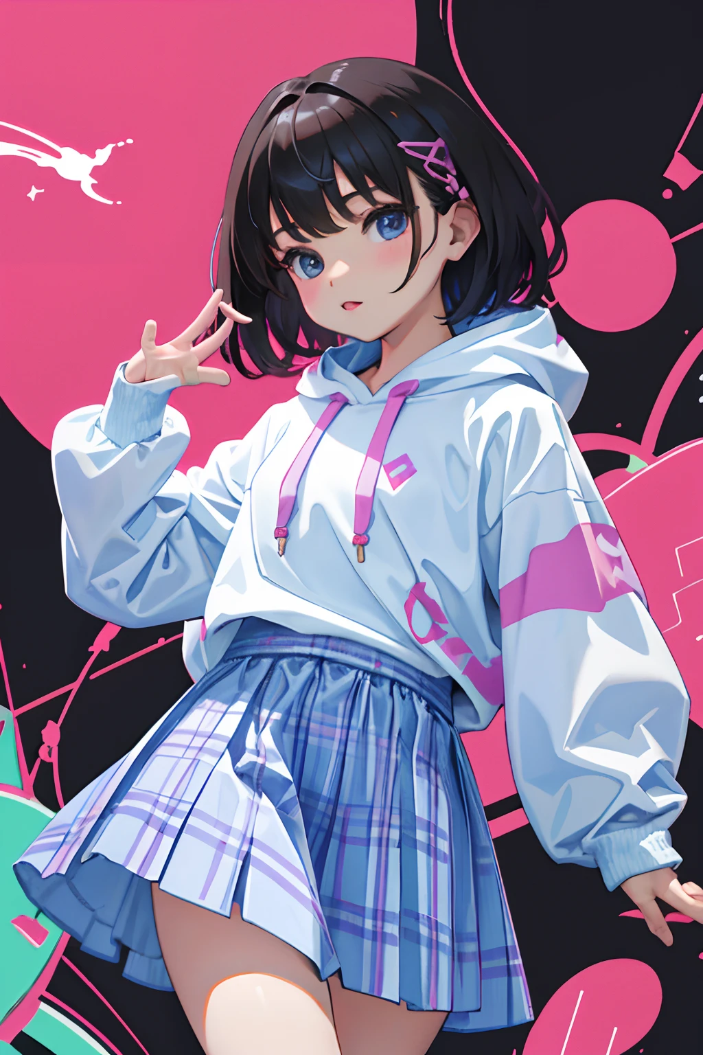 (*****)，（​masterpiece，Highest Quality），Pastel hoodies with short sleeves，(gingham checked skirt)，A dark-haired，World of toys