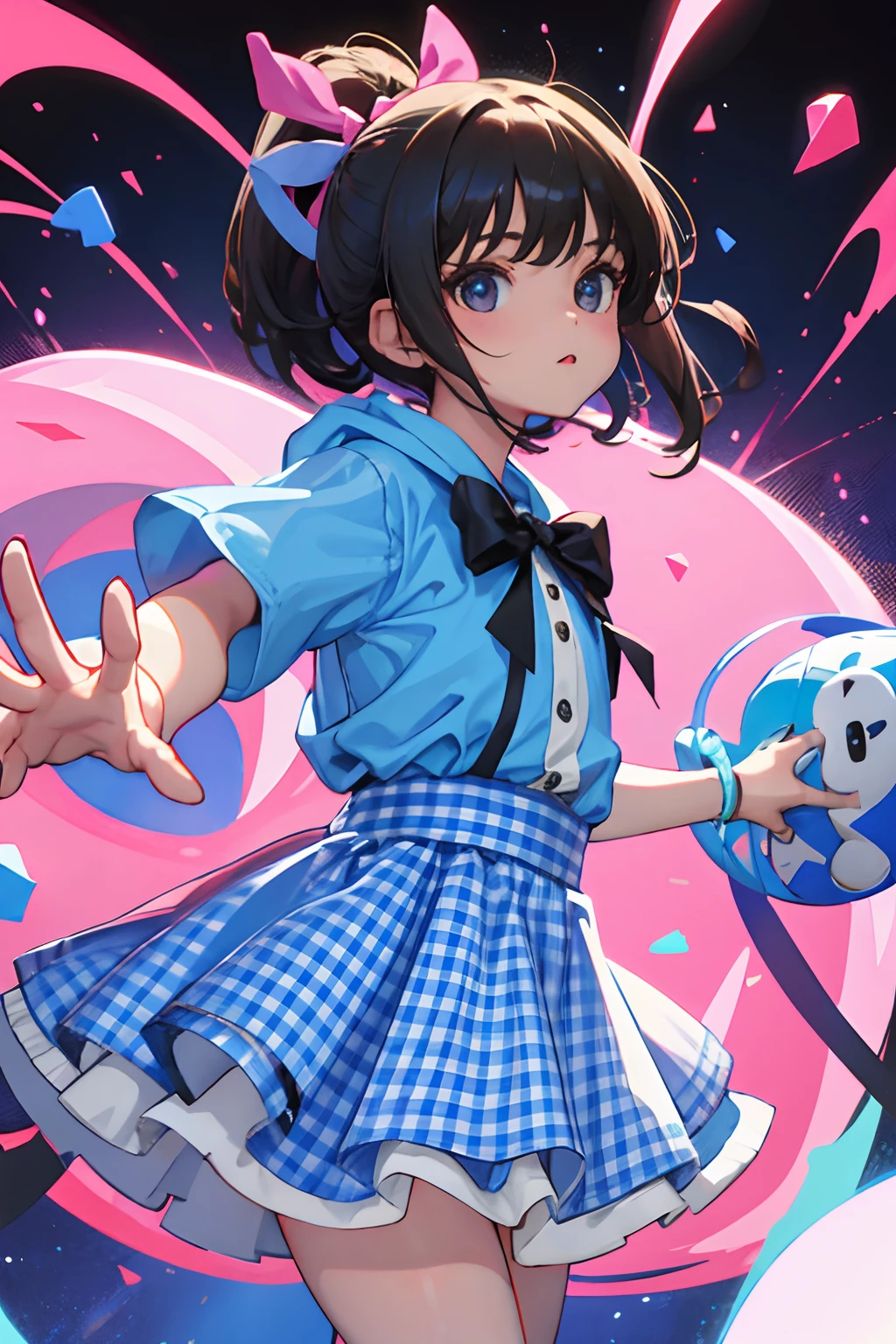 (child)，（​masterpiece，Highest Quality），Pastel hoodies with short sleeves，(gingham checked skirt)，A dark-haired，World of toys