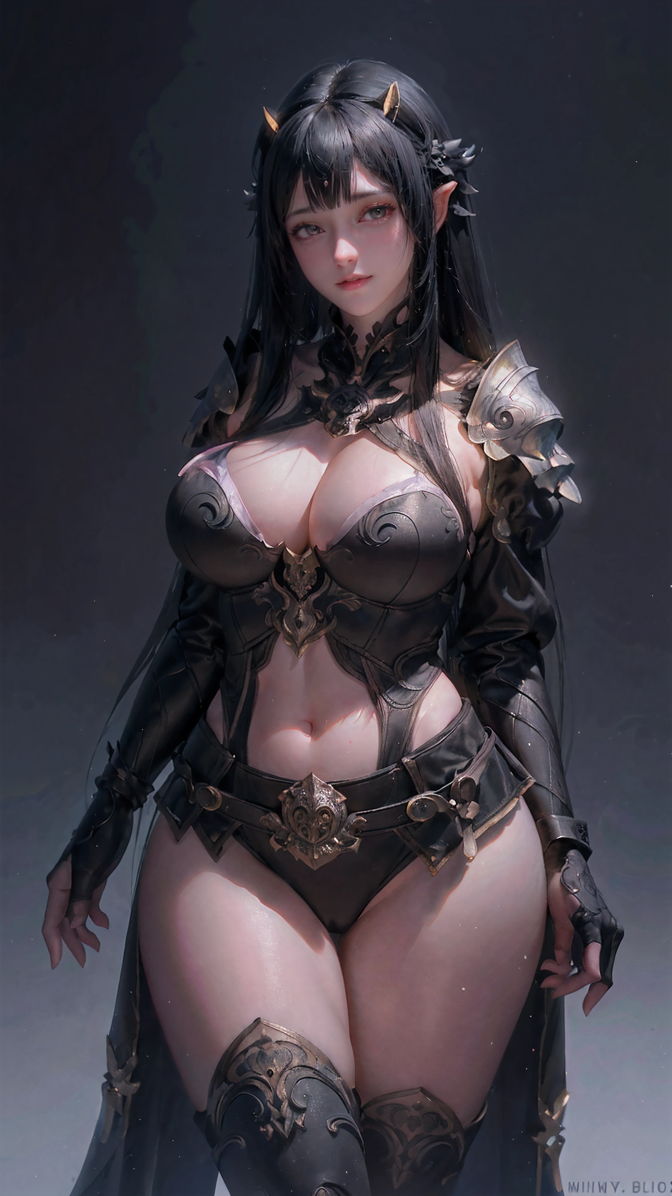 1girl, depth of field, official art, unity 8k wallpaper, ultra detailed, illustration, beautiful and aesthetic, masterpiece, best quality, knight, (big breasts), (milf, mature female), (black armor, armor, breastplate), beautiful face, (long hair, black hair, very straight hair:1.4, hime cut:1.4), blue eyes, cowboy shot, glowing skin, back lighting, athletic figure, muscular female, curvy, wide hips, colorful, looking at viewer, Hyperrealistic, gradient background, dark background, outline, fantasy, from the front, watercolor, traditional media, (chromatic aberration, intricate details)