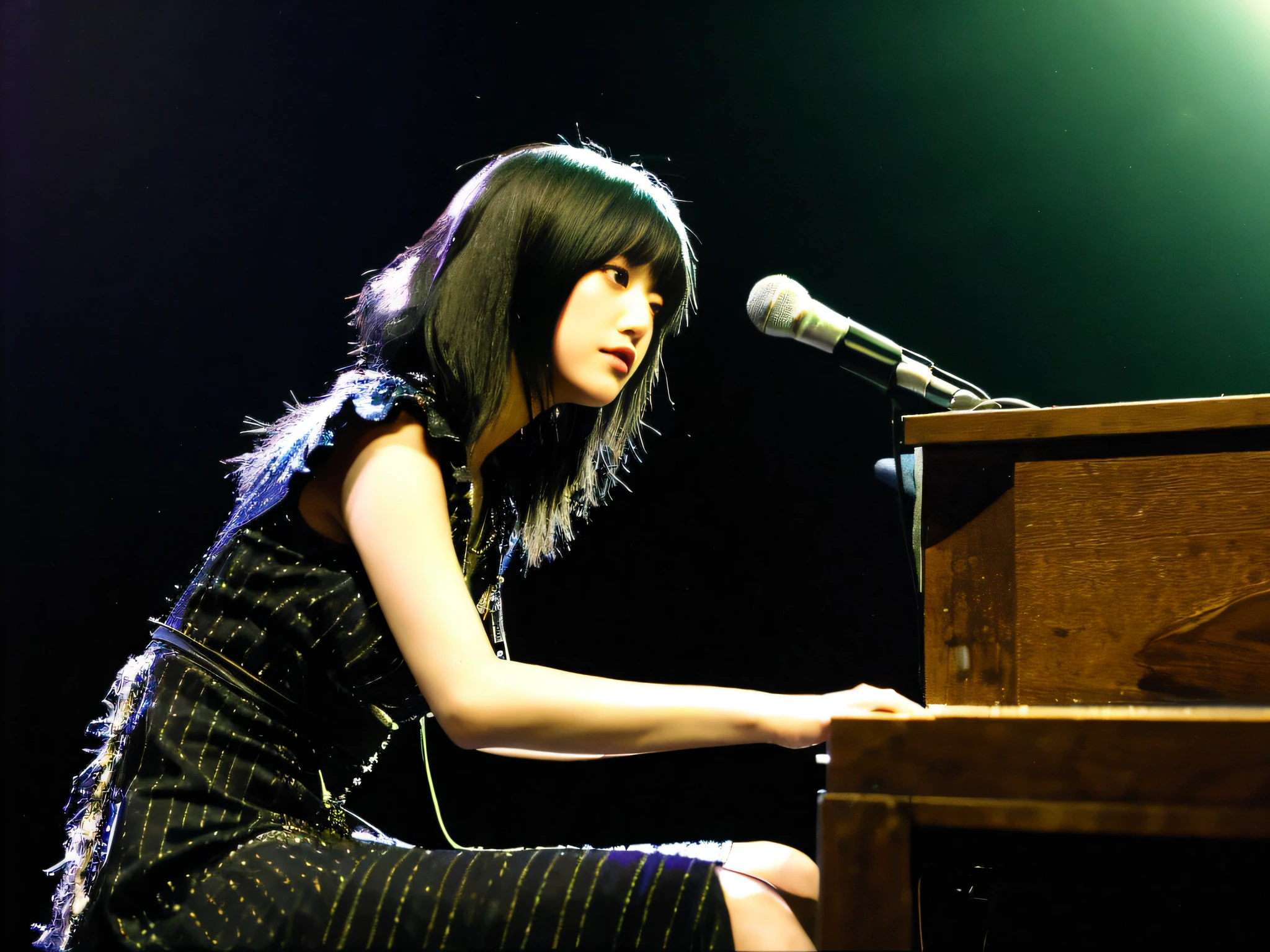 One Japan Woman、Beautiful woman playing piano in the limelight on stage、A dark-haired、Black eyes、short-hair、Wearing a fashionable dress、Inside the dimly lit venue、high-level image quality