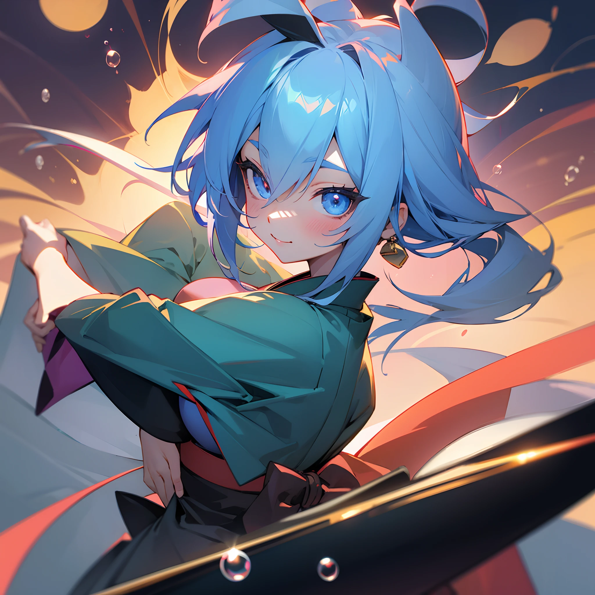 Dark Magician Girl、MKSKS style、独奏、(highly detailed back ground:1.0)、(highly detailed back ground:1.0)、​masterpiece、top-quality、超A high resolution、8K、BREAK、(1/2 and 1 peach colors/2 Light Blue Hair)、BREAK、Detailed clothing、Cute kimono、Detailed skin、glowy skin、A detailed eye、Blue eyes、looking in camera、Burning cheeks、Smile、Large breasts、BREAK、(Japanese Katana Sword:1.1、Attitude of Iai:1.3、soap bubbles:1.2)、daytime、dynamic ungle