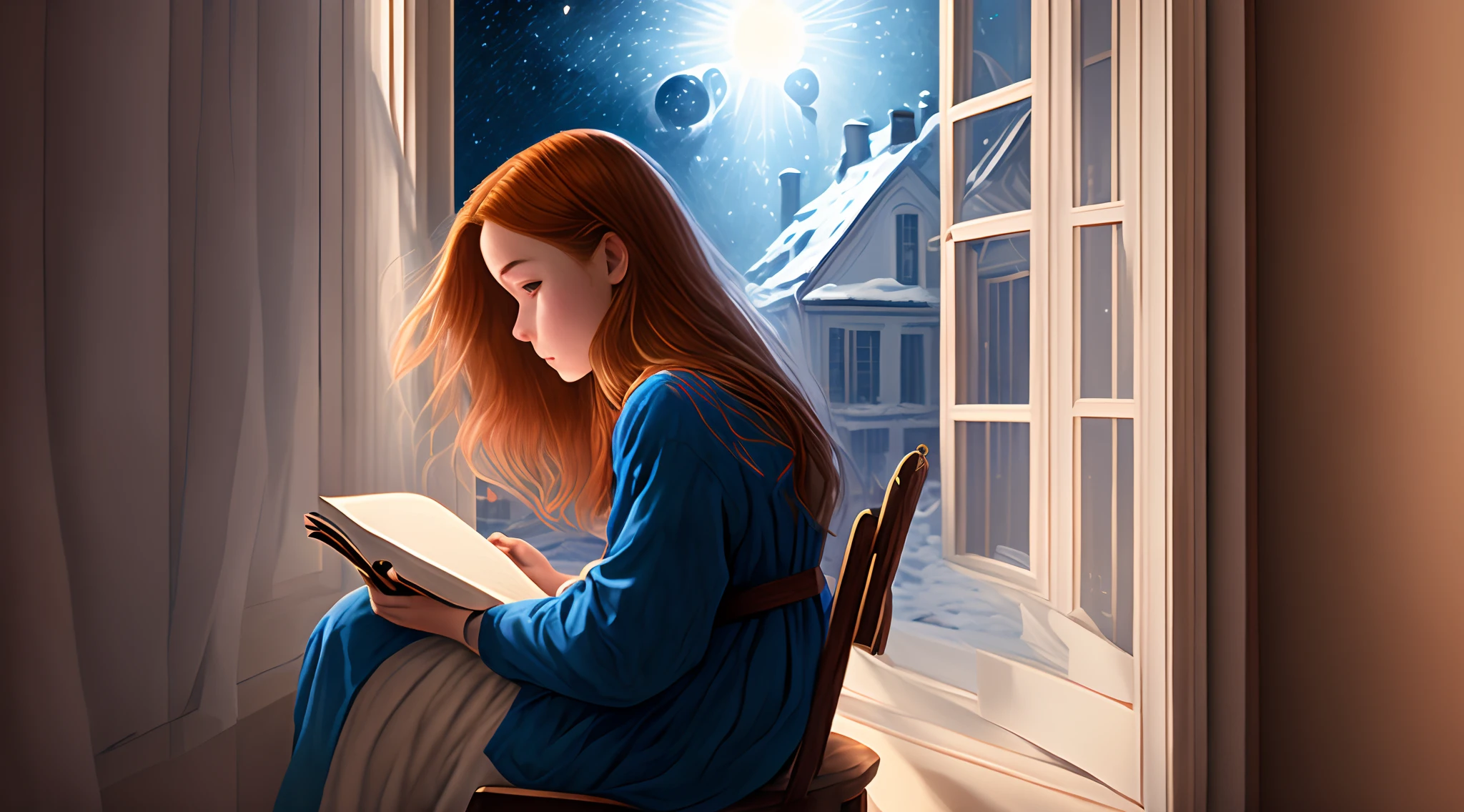 8k, portrait d'une jeune fille russe de 25ans, chestnut hair, Rear three-quarter length installation, elle porte une robe de chambre bleu clair, Elle est dans sa chambre, Sitting in a chair facing a window flipping through a book, Dehors, It's dark and inside, There is a dim light