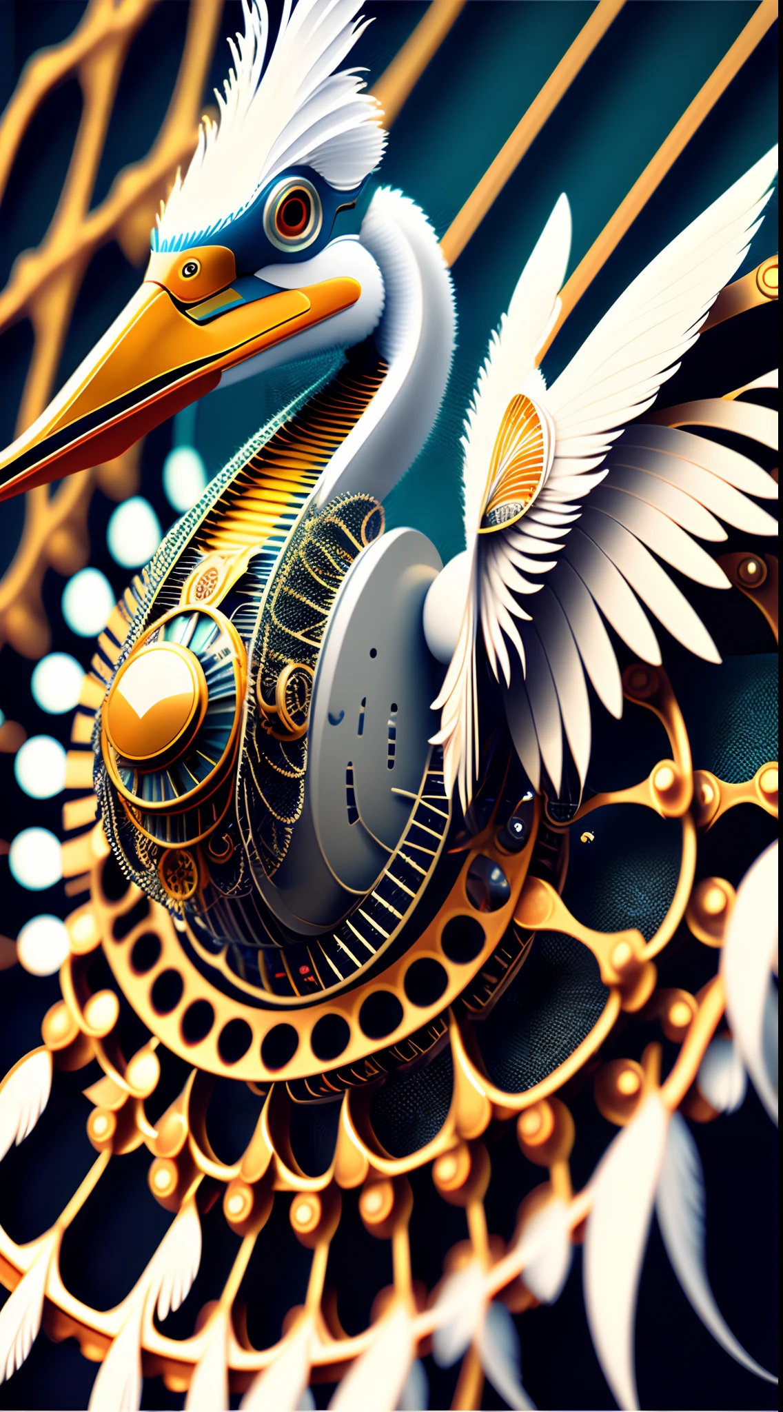 (A robotic pelican flies high), ( Body of metal feathers and transparent gear mechanism,),Machine wings,earnst haeckel, James Jean. generative art, baroque, Intricate patterns, Fracturism, cinematic Film still from, Photorealistic, Intricate, elegant, Highly detailed, Digital painting, art stations, outrun, vaporware,Side view