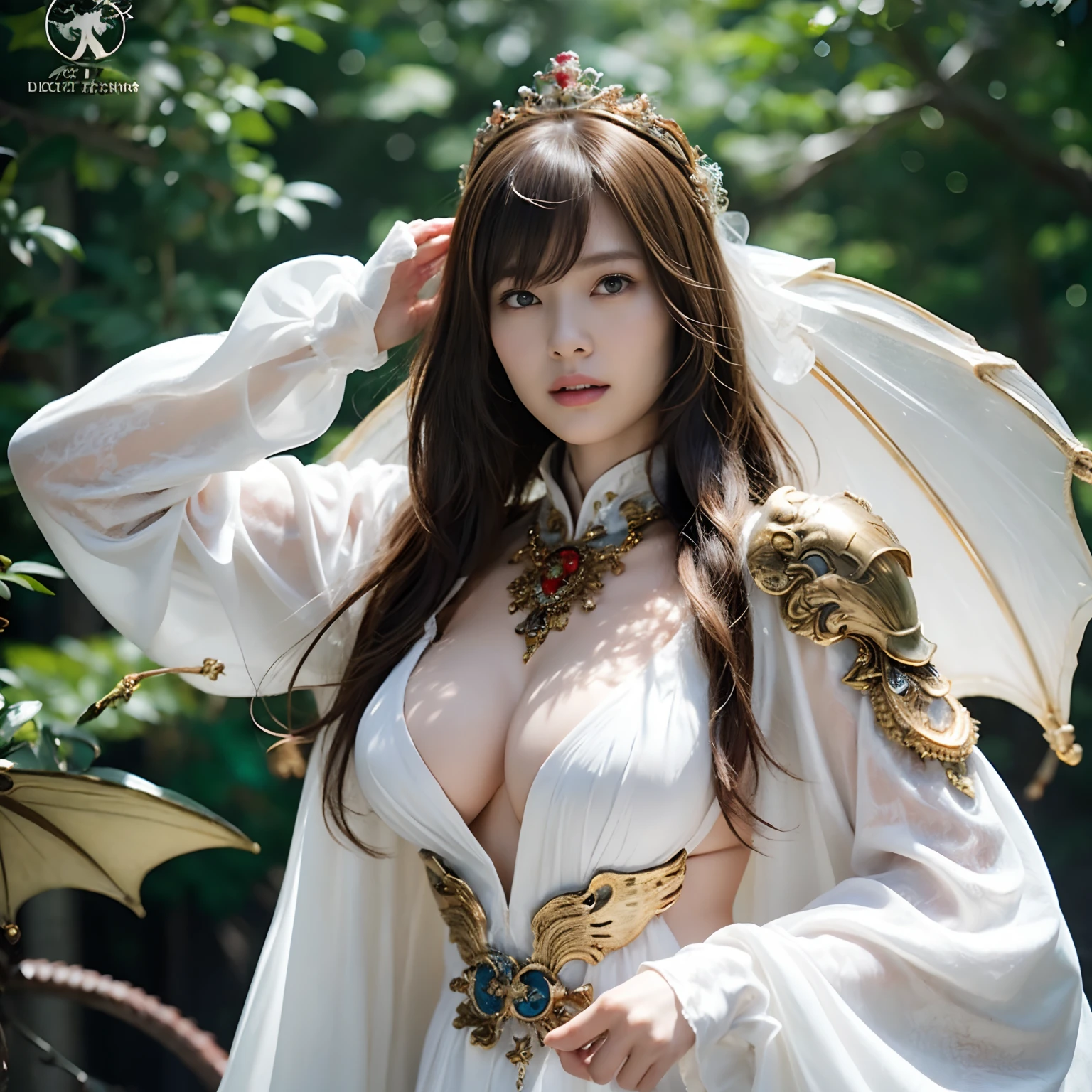 (Fight fiercely with dragons)、top-quality、​masterpiece、超A high resolution、（White Dragon Armor）、(((Colossal tits))),dragon armor、(Wearing a beautiful crown made of jewels),(Photorealsitic:1.4)、Raw photo、女の子1人、Golden hair、glowy skin、(((Chinese Dragon)))、（Gorgeous Jewelry Necklaces）、（Mystical expression）、（Fight big dragons）、With a beautiful knife、（White Metal Bikini）、(beautiful forest background)、Precipitous cliffs、(Small LED)、((super realistic details))、portlate、globalillumination、Shadow、octan render、（One-Eyed Scouter）、8K、ultrasharp、Colossal tits、Raw skin is exposed in cleavage、metals、Details of complex ornaments、Japan details、highly intricate detail、Realistic light、CGSoation Trends、Blue eyes、radiant eyes、Facing the camera、neon details、(Mechanical limbs)、(blood vessels connected to tubes)、Mechanical vertebrae attached to the back、mechanical cervical attaching to neck、(Wires and cables connecting to the head)、Gundam、Small LED、,Mechanical thighs、Toostock、（Full Body Angle）、（veils）、(((Heavy Big))),