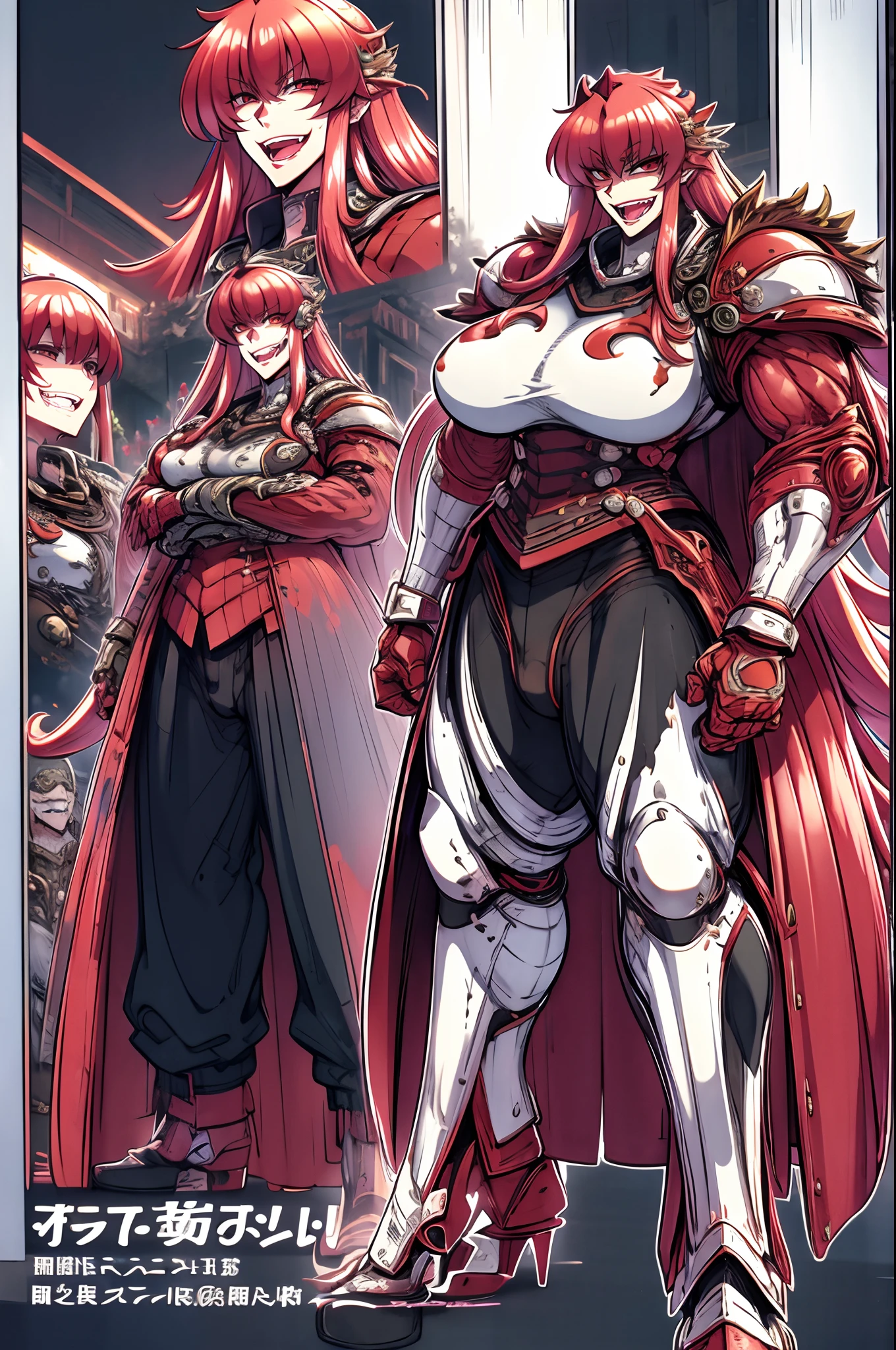 tomboy, warrior, berserker, tall female, muscular female, living hair, sauvage,, medieval clothing, fantasy, fantasy weapon, huge breasts, barbarian pants, , combat boots, armor, red hair, crazy smile, open mouth, biceps, necktie, thick arms,pullover, solo focus, long hair, , crazy smile, long hair, pants, noble cloths, noble clothing, french cloths, very long hair, BOOTS, full body, pink lips, hime cut, full body