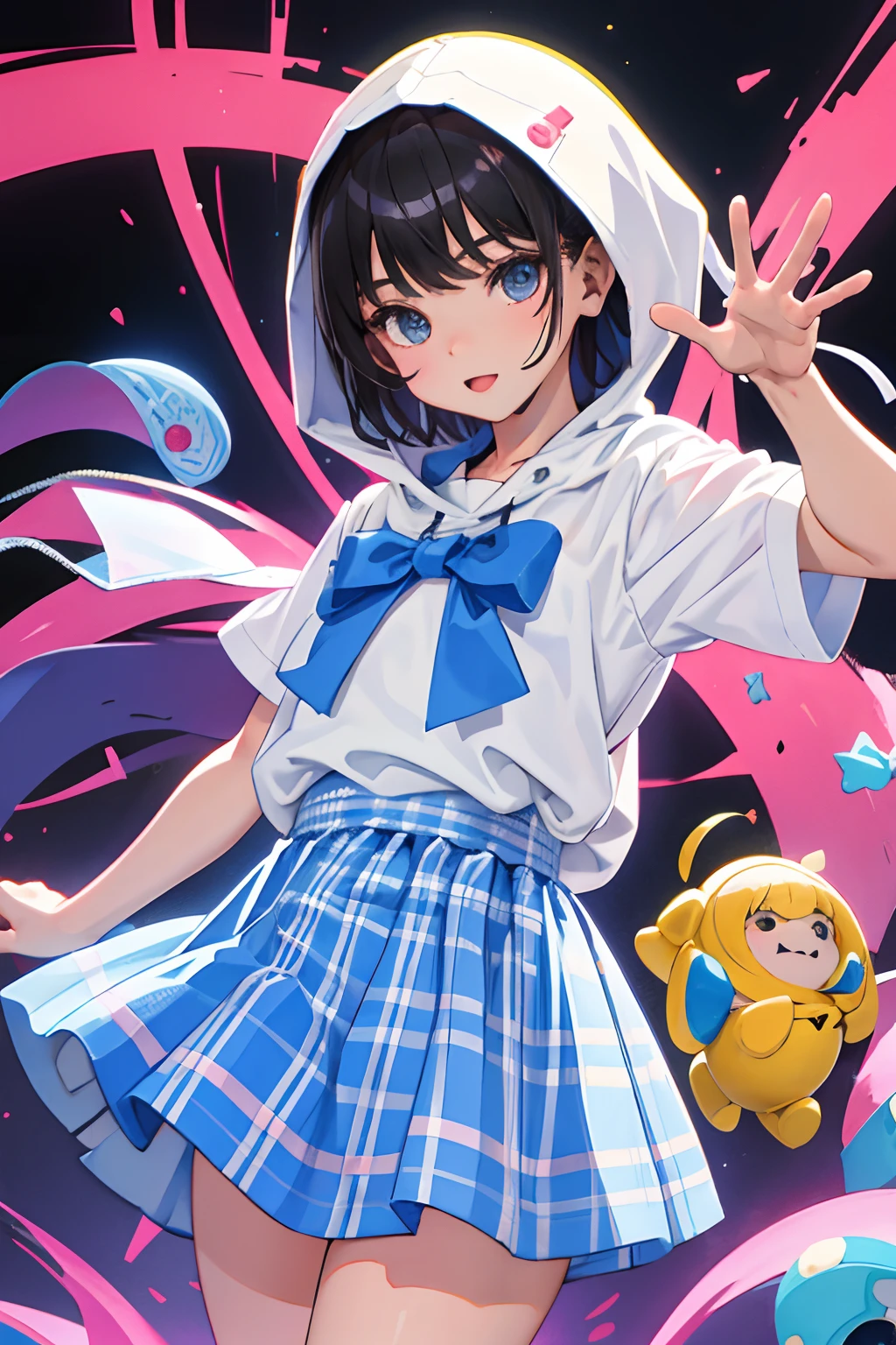 (),(masterpiece,Highest Quality),Pastel hoodies with short sleeves,(gingham checked skirt),A dark-haired,World of toys