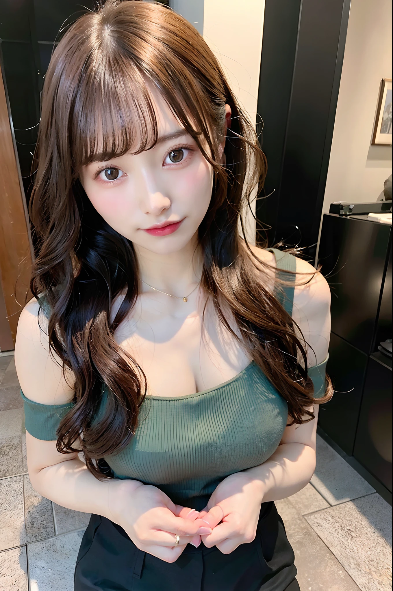 (top-quality、8K、32K、masuter piece、nffsw:1.2)、profile、(slim figure:1.2)、(s lips) 、二重まぶた、shinny skin、Realistic rays、mare、beauitful face、(Light smile:1.3)、crouching down、(From above:1.2)、(a closeup:1.4)、blurry backround、(Front Focus)、(Dark: 1.6)、Fantasy Art、photoRealstic、Professional Lighting、extra detailed face、Award-winning、deep-shadows、, Very long hair , Brown hair , Light green eyes , ((Brown skin+++)) , female pervert々Right, Wearing a crop top , Big hair , Wavy Hair