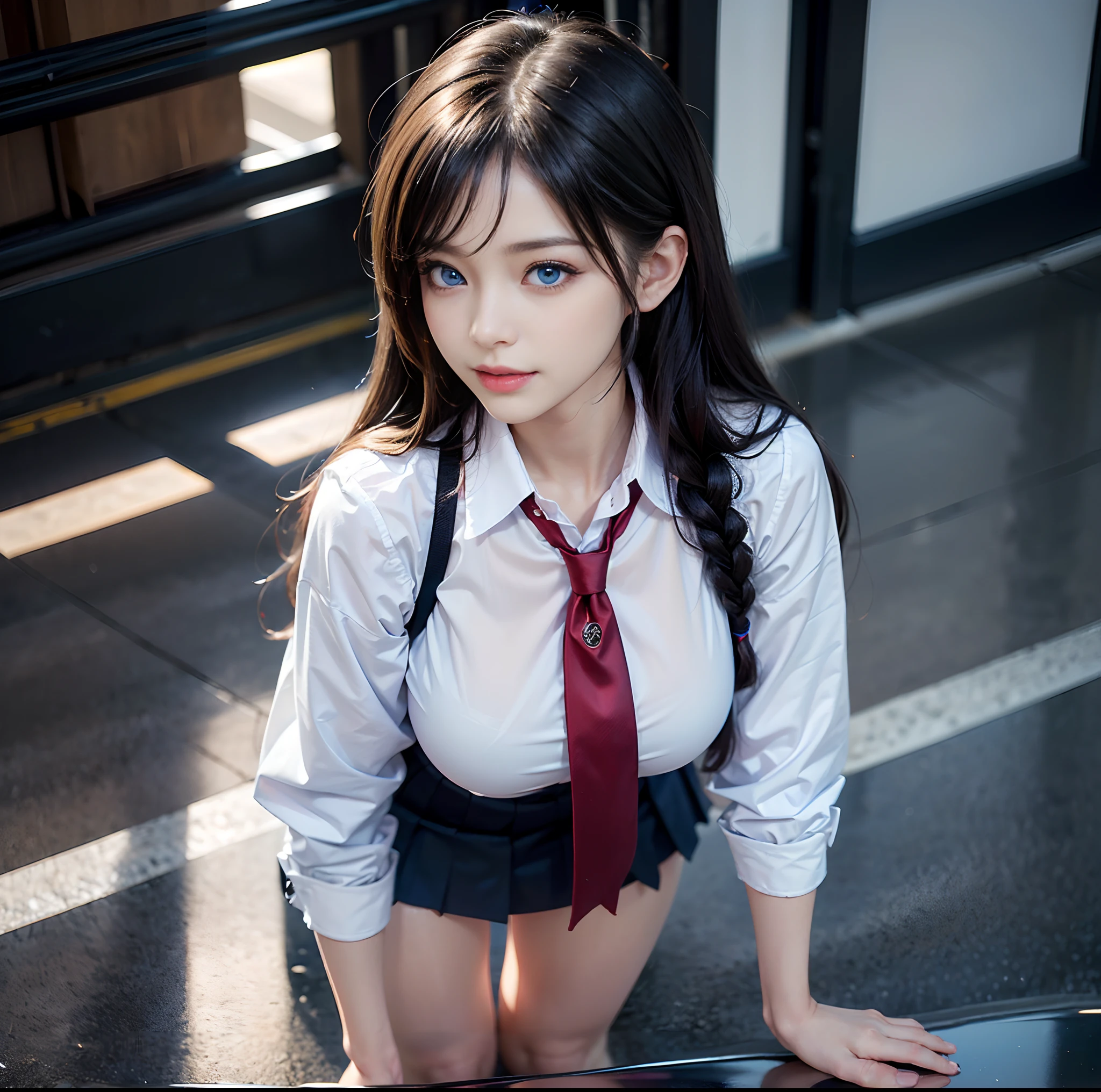 cabelos preto e longos,White skin,chineseidol,年轻,thick bushy eyebrows,Black colored eyes,bite lips,White school uniform,green necktie,Small waist,Short blue skirt,whitestocking,in class room,sitting on the classroom desk,revealing white panties,Slim legs,Brown school shoes,realisticlying,8k,tmasterpiece,A high resolution,A high resolution,anatomy correct,A high resolution