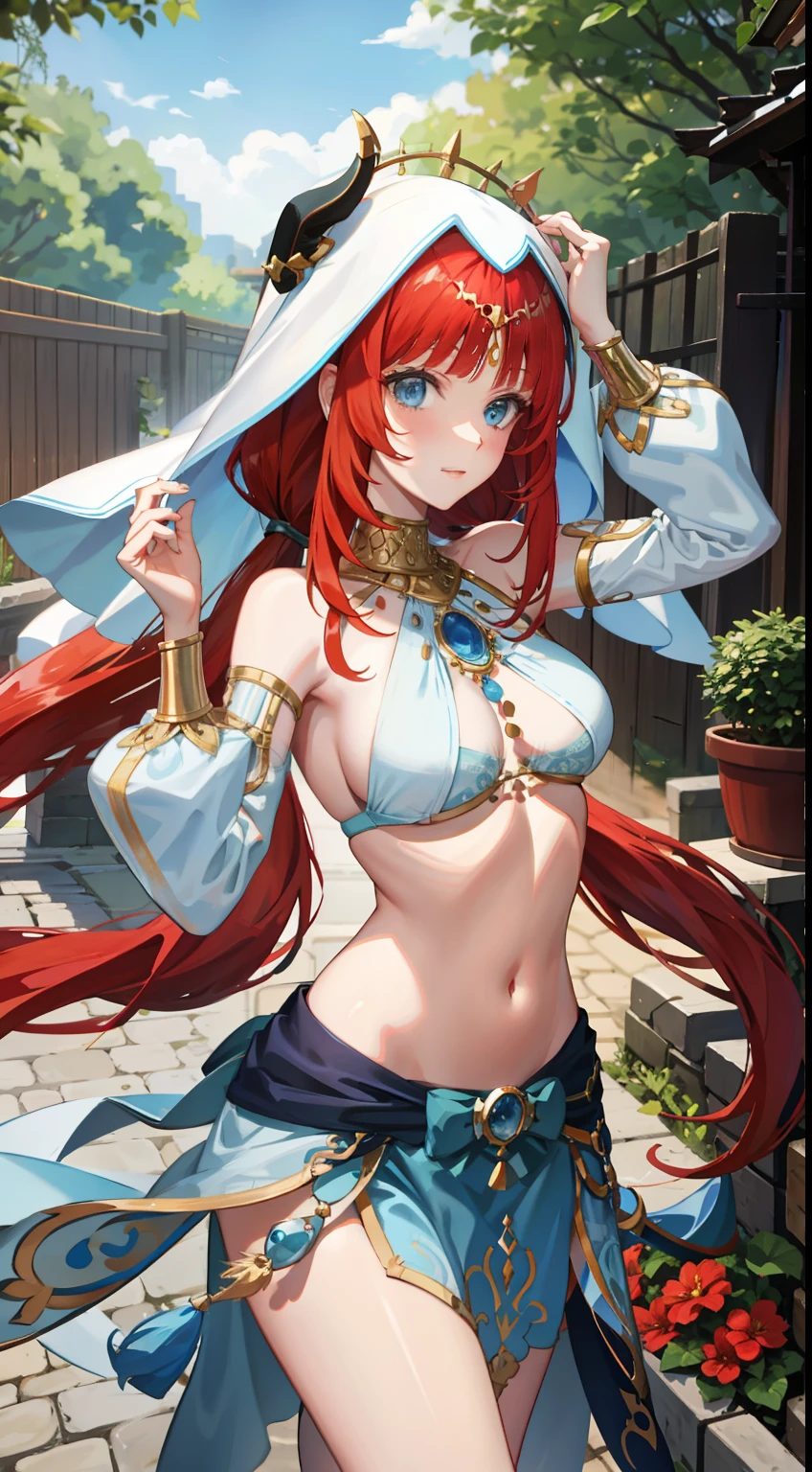 slim legs, blue eyes, nilou, red hair, long hair, mesmerising , medium , happy, navel, garden, cleavage, hanging , , shoulder less