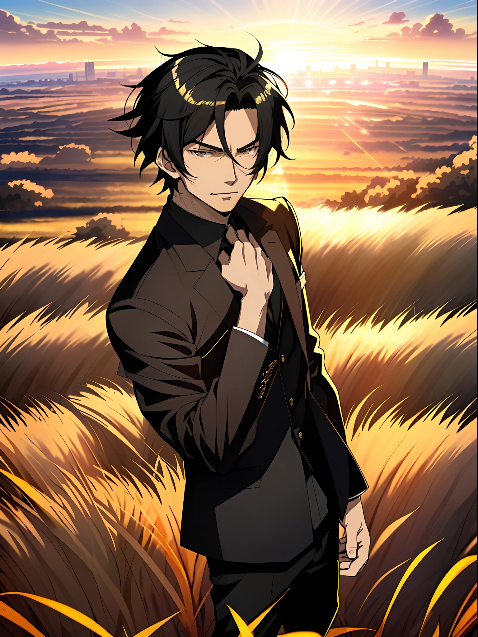 Anime boy in rye field with sunset background, Anime handsome man,Short black hair,Black eyes,Black clothes, Anime portrait of a handsome man, Official illustration, offcial art, young anime man, Key anime art, Smooth anime CG art, Handsome anime pose