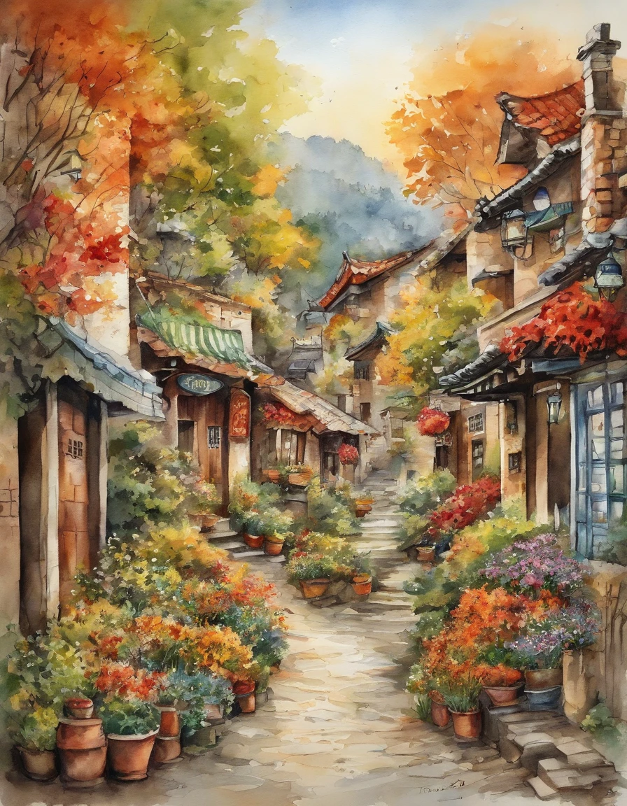 Illustration of the city with many colorful leaves, korea, Seoul, In the style of a lively cartoonist, tomber,, La lanterne de Jack O, spices, New York School, Robert Monsch, Concept street art, Photos de films 50d, Naturalistic depiction of flora and fauna, Playful Cartoons