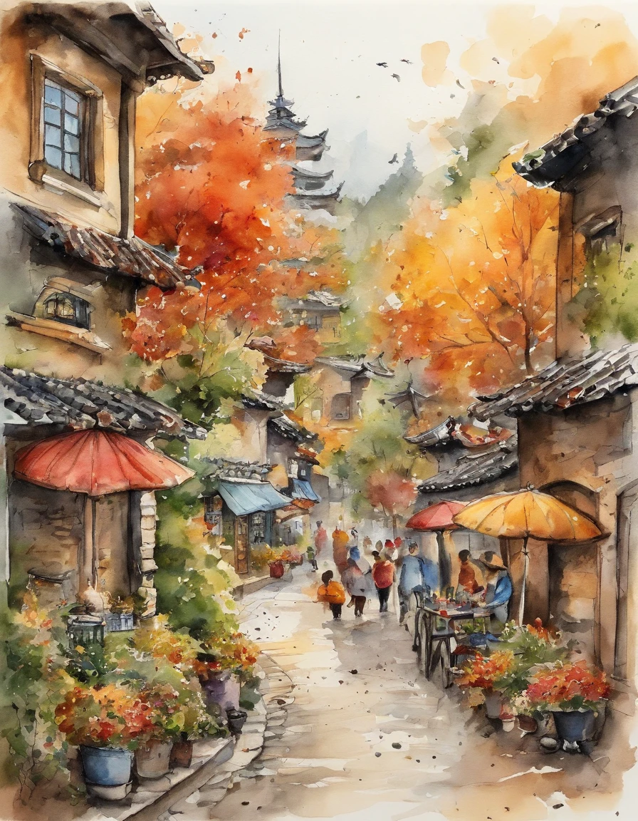 Illustration of the city with many colorful leaves, korea, Seoul, In the style of a lively cartoonist, tomber,, La lanterne de Jack O, spices, New York School, Robert Monsch, Concept street art, Photos de films 50d, Naturalistic depiction of flora and fauna, Playful Cartoons