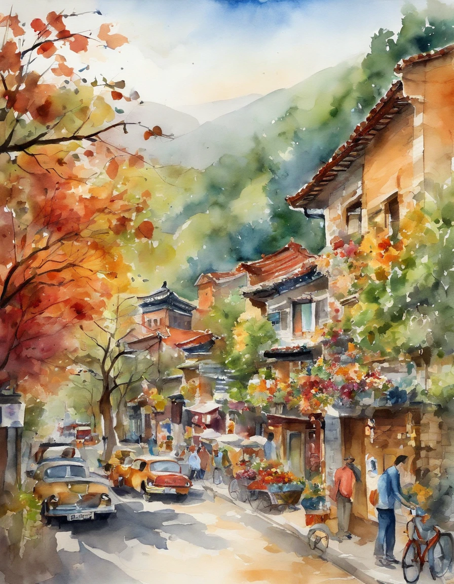 Illustration of the city with many colorful leaves, korea, Seoul, In the style of a lively cartoonist, tomber,, La lanterne de Jack O, spices, New York School, Robert Monsch, Concept street art, Photos de films 50d, Naturalistic depiction of flora and fauna, Playful Cartoons