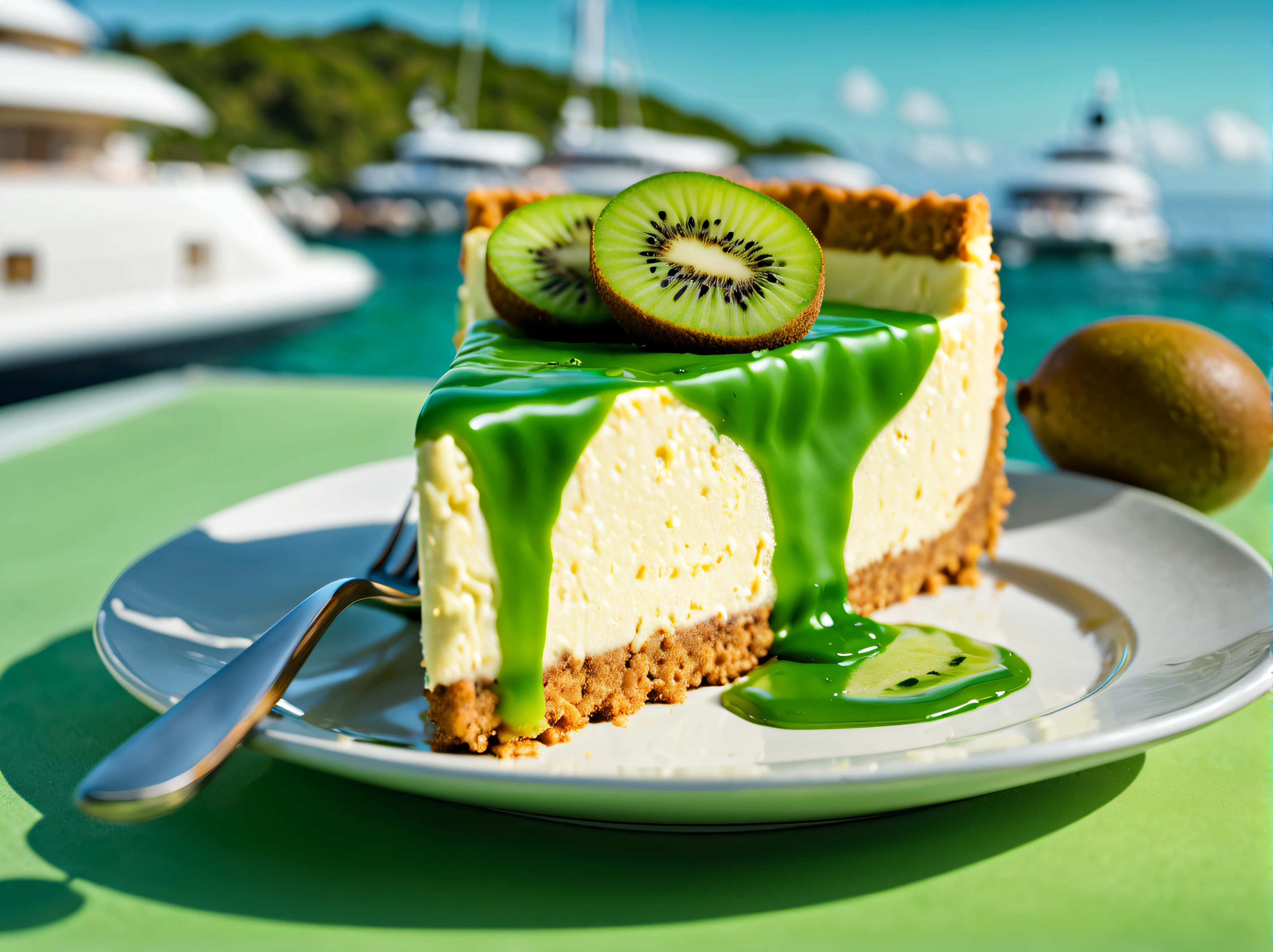 photo RAW,(centered portrait of kiwi lime cheesecake with biscuit base), from front, 45 degree angle, (sumptuous, mouth watering, decadent), sunlight refecting off green liquid glaze, (caribbean sea, luxury yacht, sun drenched deck), promotional photo, Photo realistic portrait, 8k resolution, octane render, dynamic lighting, deep focus, extremely detailed and intricate photography, white cream and lime_green colours), masterpiece, award winning photography, lighting, perfect composition, high detail, hyper realistic, dramatic lighting, epic,