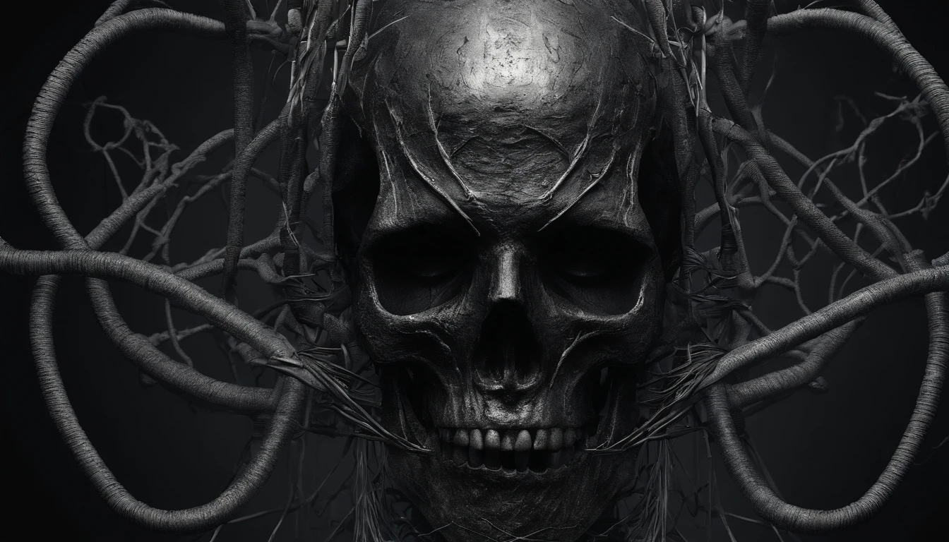 Horror skull, cables, wires.