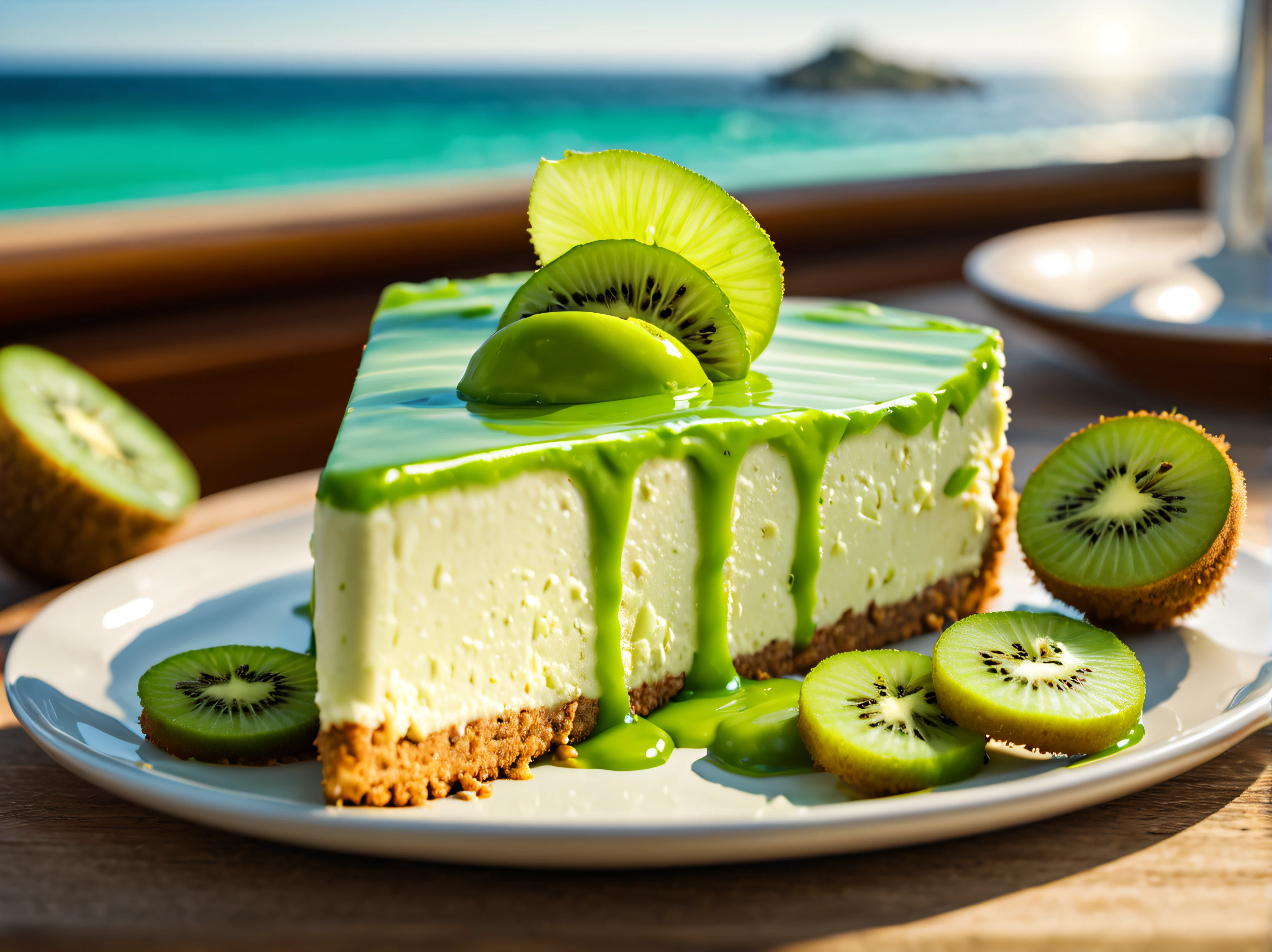 photo RAW,(centered portrait of kiwi lime cheesecake with biscuit base), from front, 45 degree angle, (sumptuous, mouth watering, decadent), sunlight refecting off green liquid glaze, (caribbean sea, luxury yacht, sun drenched deck), promotional photo, Photo realistic portrait, 8k resolution, octane render, dynamic lighting, deep focus, extremely detailed and intricate photography, white cream and lime_green colours), masterpiece, award winning photography, lighting, perfect composition, high detail, hyper realistic, dramatic lighting, epic,