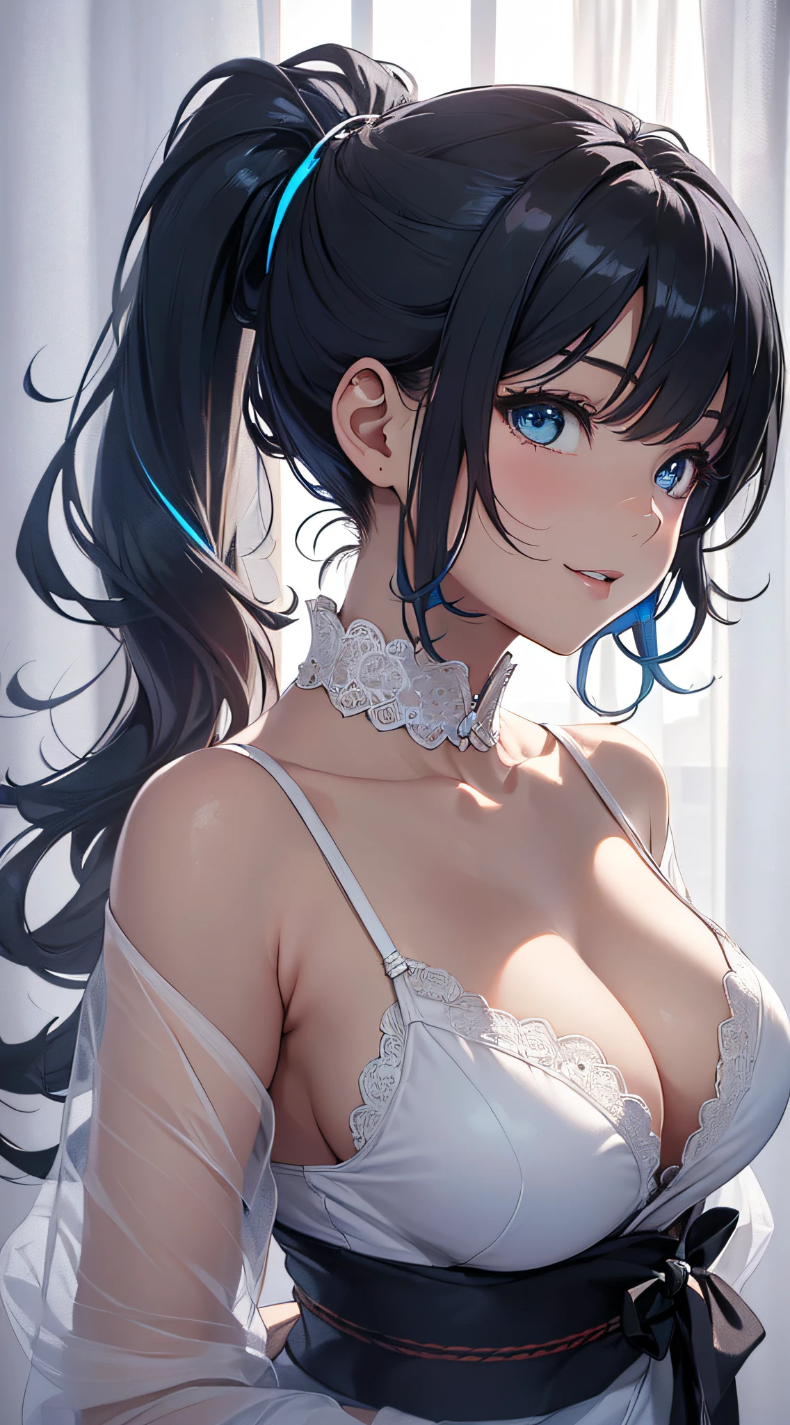 top-quality、Top image quality、​masterpiece、girl with((cute little、18year old、Best Bust、Medium bust、Bust 85,Beautiful blue eyes、Breasts wide open,Ponytail with black hair、A slender、Blue hair mesh、beautiful white kimono、Black underwear、Laugh、dance)）hiquality、Beautiful Art、Background with((Large White Room、White curtains、White lighting)),masutepiece、Elaborate design、visualart、depth of fields、The best lighting、highestdetailed、8ｋ