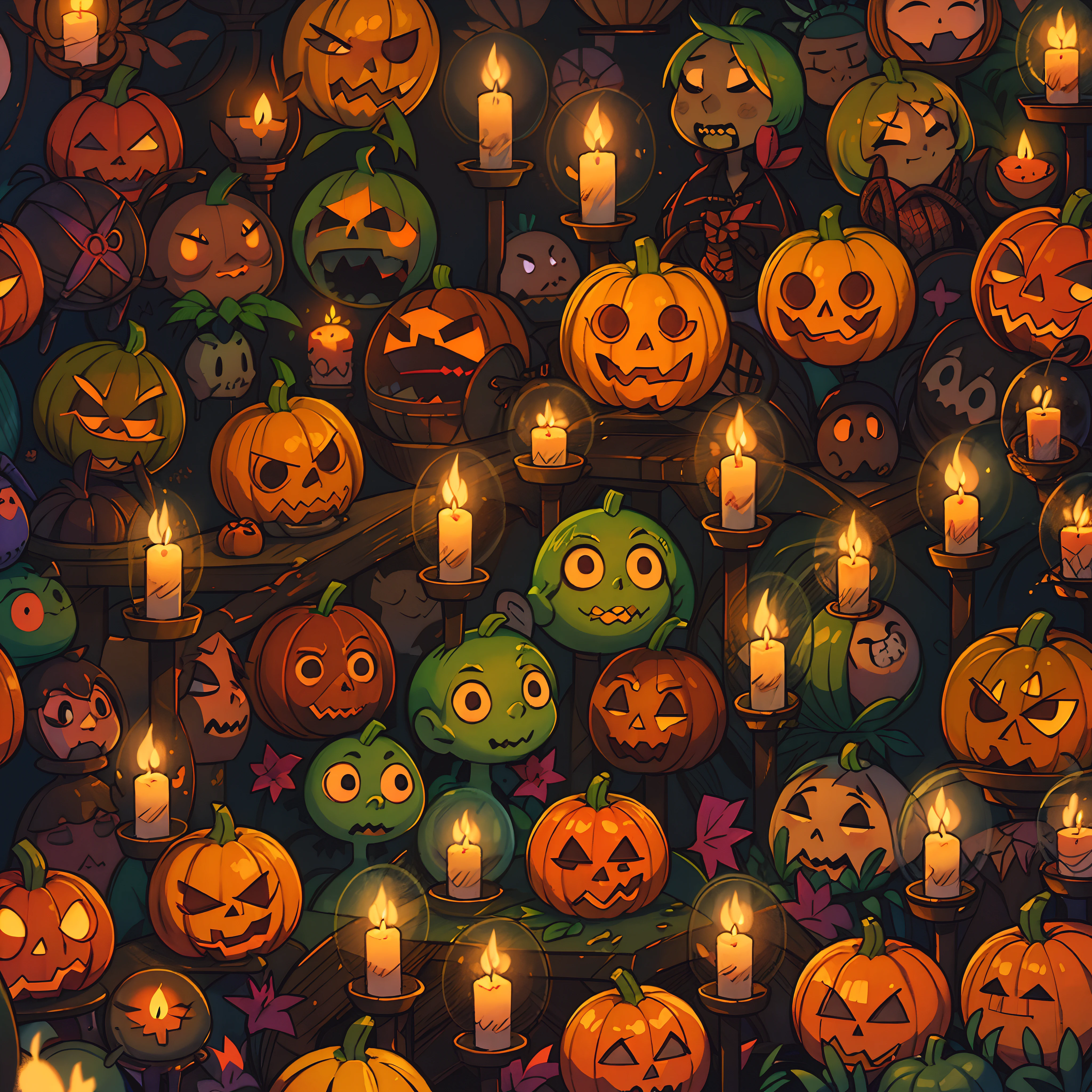 jack-o'-lantern glowing, halloween texture, pattern, pumpkins, darkness, skulls, graveyards, candles