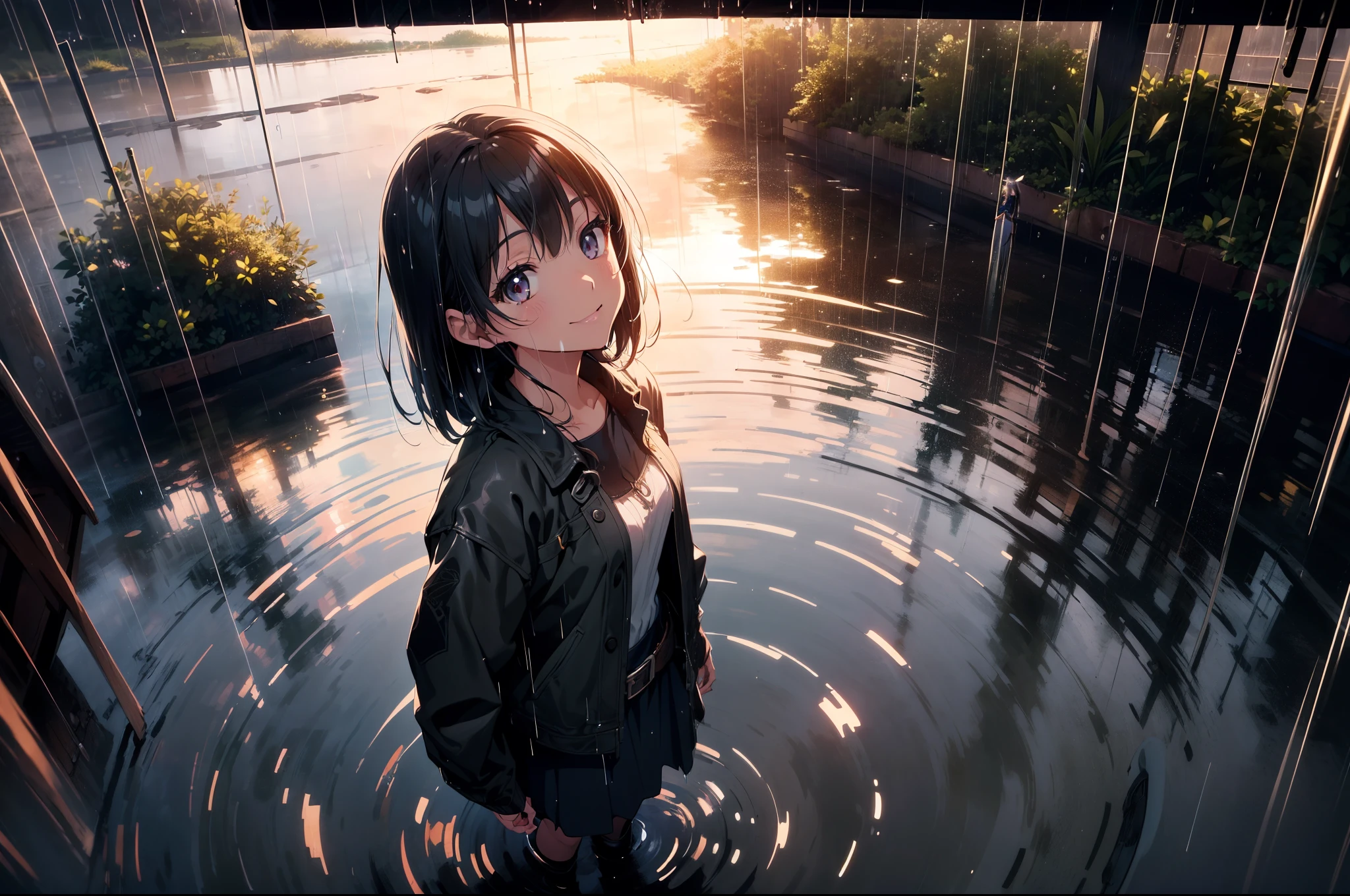 1 girl, character focus,cinematic angle, cowboy shot, standing on puddle, ((looking up sky)), smile ,((rain)),cinematic lighting,high resolution,(incredibly absurdres), (hires.fix:1.3),anime visual,ultra detailed CG unity 8k wallpaper, ((masterpiece)), ((top-quality)), (beautiful illustration), ((an extremely delicate and beautiful)),((realistic))