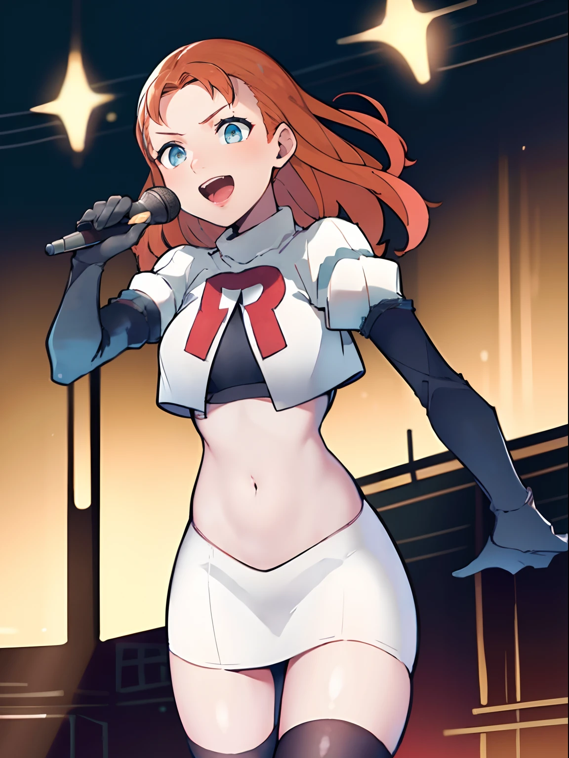 Annette_war's face with beautiful detailed eyes and lips, (on the stage), singing passionately in front of a lively crowd. She holds a microphone firmly in her hand, her voice echoing throughout the venue. With an evil laugh, she embraces her role as a member of Team Rocket, wearing their iconic black uniform with a red "R" letter on it. Her captivating performance is enhanced by her elegant attire, featuring a white skirt and a matching crop top, along with black thigh-highs and elbow gloves. The scene is bathed in vibrant stage lighting, highlighting Annette_war's every move and creating an intense and electrifying atmosphere. The overall image quality is of the highest standard, with ultra-detailed and realistic elements, delivering a masterpiece that showcases professional and vivid colors.