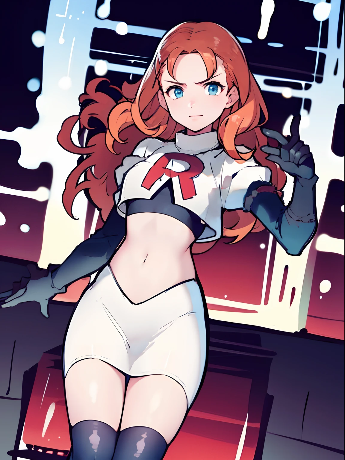 Annette_war's face with beautiful detailed eyes and lips, (on the stage), singing passionately in front of a lively crowd. She holds a microphone firmly in her hand, her voice echoing throughout the venue. With an evil laugh, she embraces her role as a member of Team Rocket, wearing their iconic black uniform with a red "R" letter on it. Her captivating performance is enhanced by her elegant attire, featuring a white skirt and a matching crop top, along with black thigh-highs and elbow gloves. The scene is bathed in vibrant stage lighting, highlighting Annette_war's every move and creating an intense and electrifying atmosphere. The overall image quality is of the highest standard, with ultra-detailed and realistic elements, delivering a masterpiece that showcases professional and vivid colors.