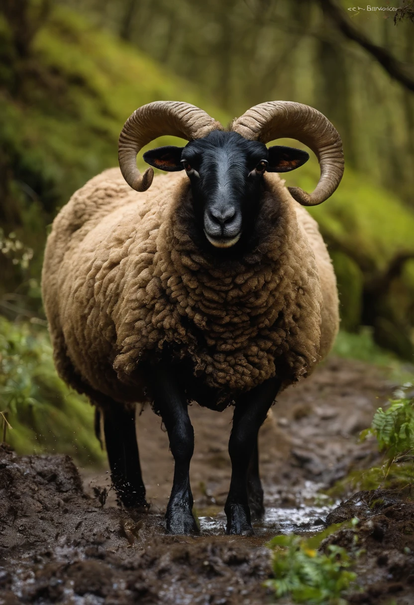 There is a sheep standing in the mud in the forest, vale encantado, exploitable image, bucolic, VOTO PACAL, Horror Vacui, Mesmo, Vanta Blac, Directed by: Maurice Esteve, Foto realista, Bussiere, St. Bure-Boke!!!!!!!!, Saint Bure Boke, imagem muito clara, imagem viral