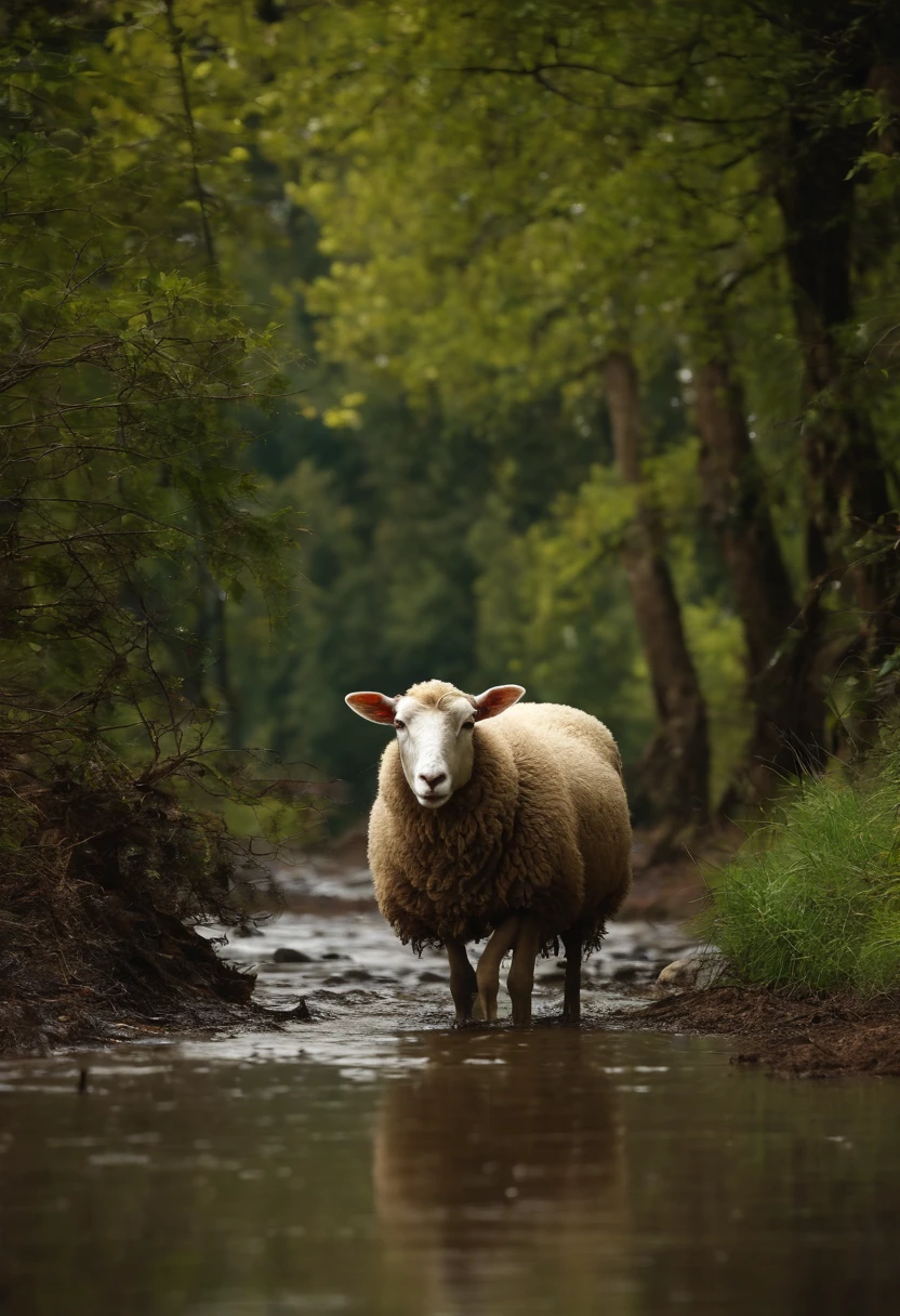 There is a sheep standing in the mud in the forest, vale encantado, exploitable image, bucolic, VOTO PACAL, Horror Vacui, Mesmo, Vanta Blac, Directed by: Maurice Esteve, Foto realista, Bussiere, St. Bure-Boke!!!!!!!!, Saint Bure Boke, imagem muito clara, imagem viral